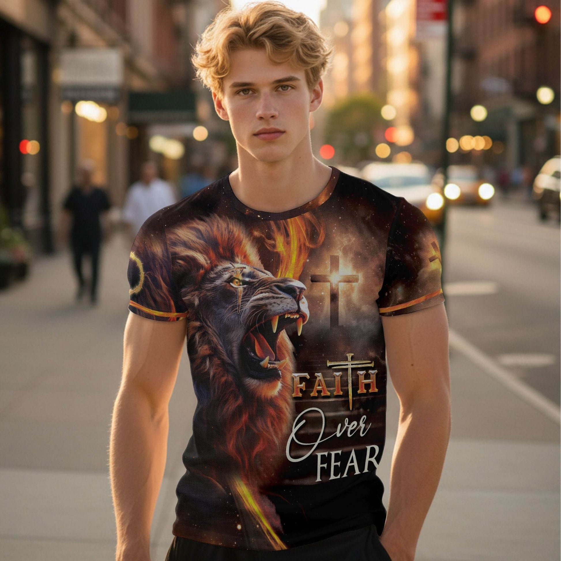 Faith Over Fear Fiery Lion & Cross Christian T-Shirt - Rust Field Wear