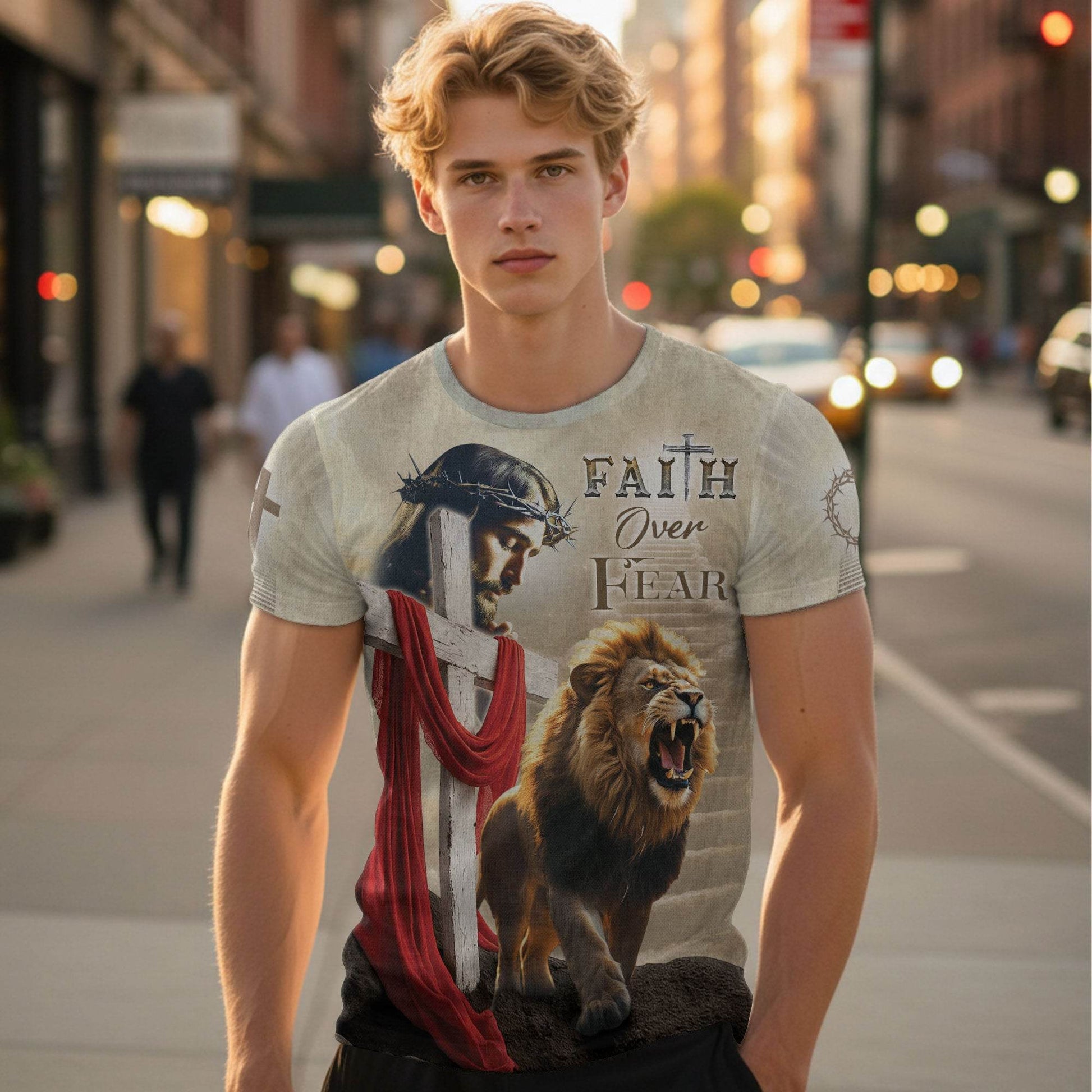 Faith Over Fear Jesus & Lion with Red Drape Christian T-Shirt - Rust Field Wear