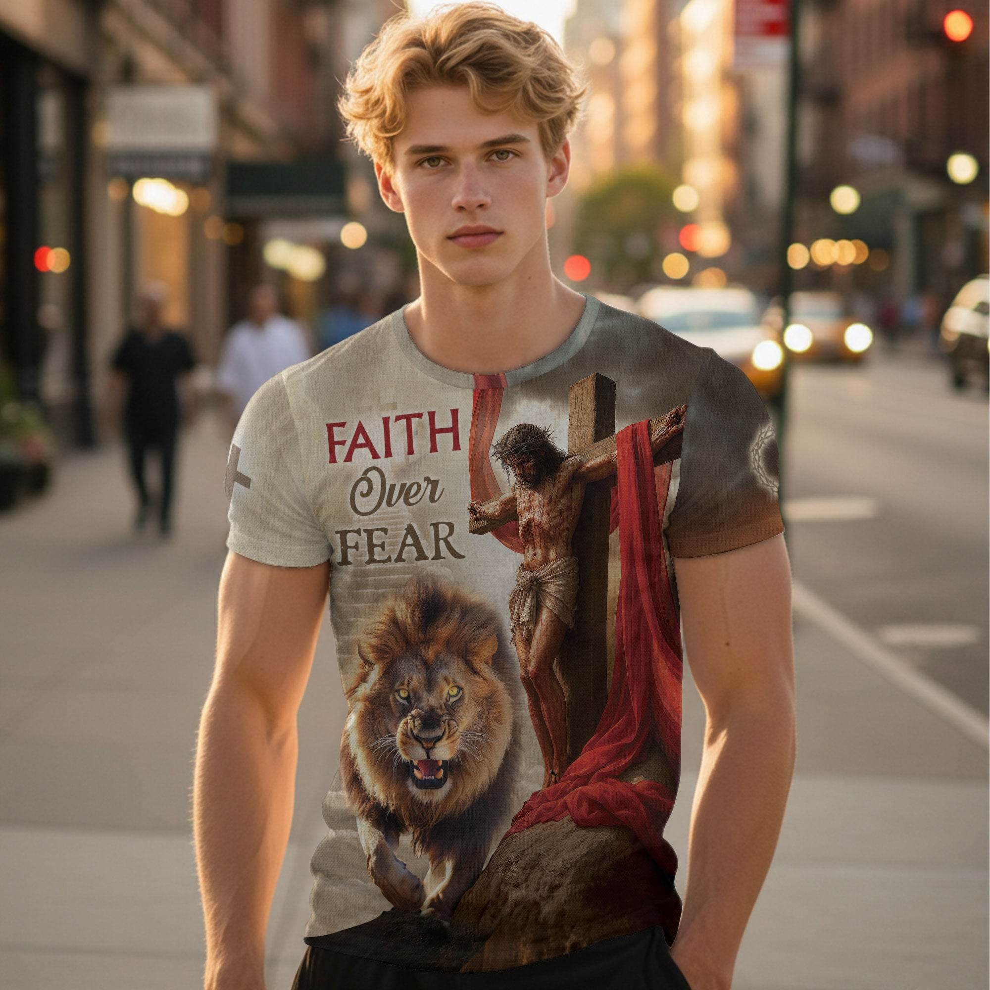 Faith Over Fear Jesus Lion & Cross Christian T-Shirt - Rust Field Wear