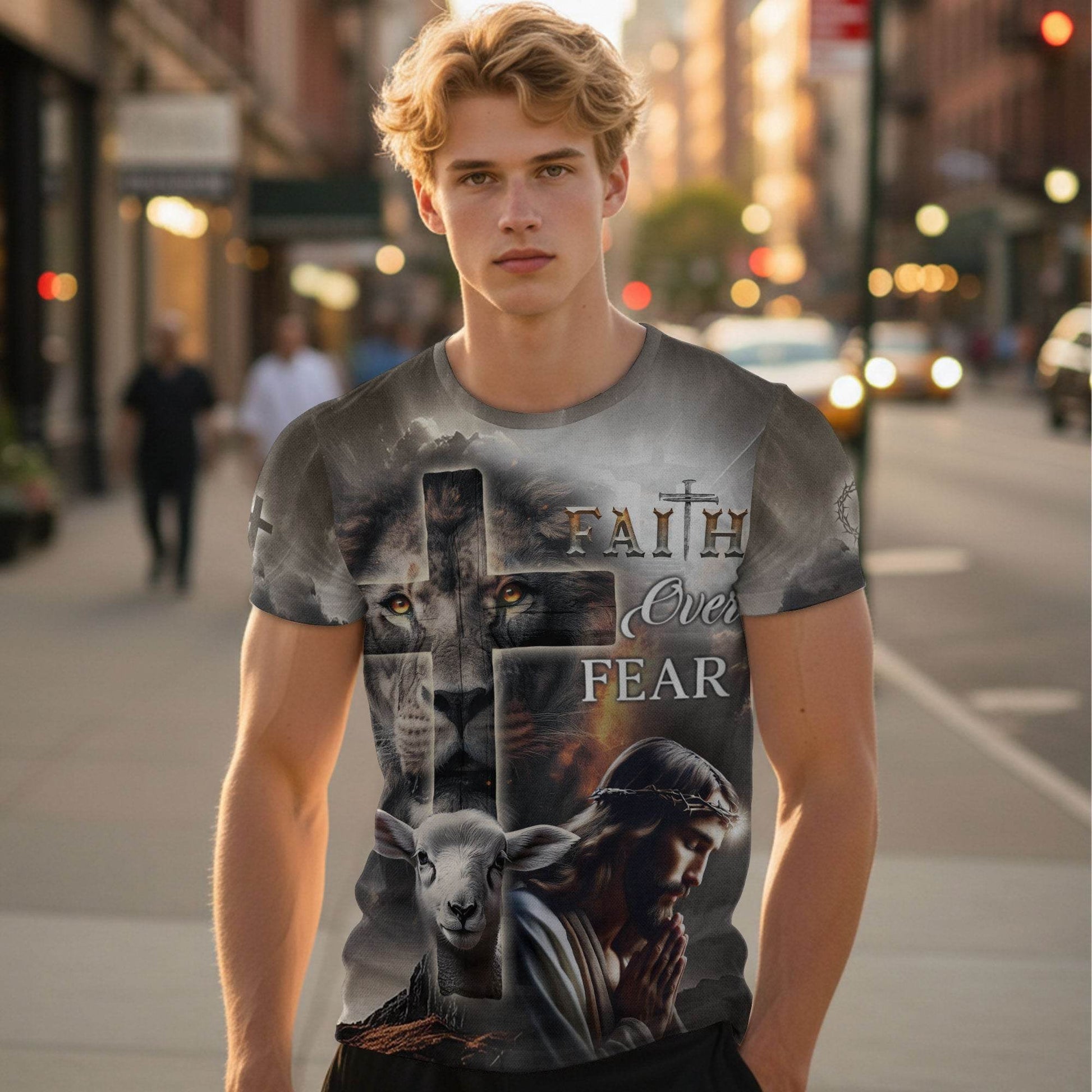 Faith Over Fear Lion Cross & Lamb Christian T-Shirt - Rust Field Wear