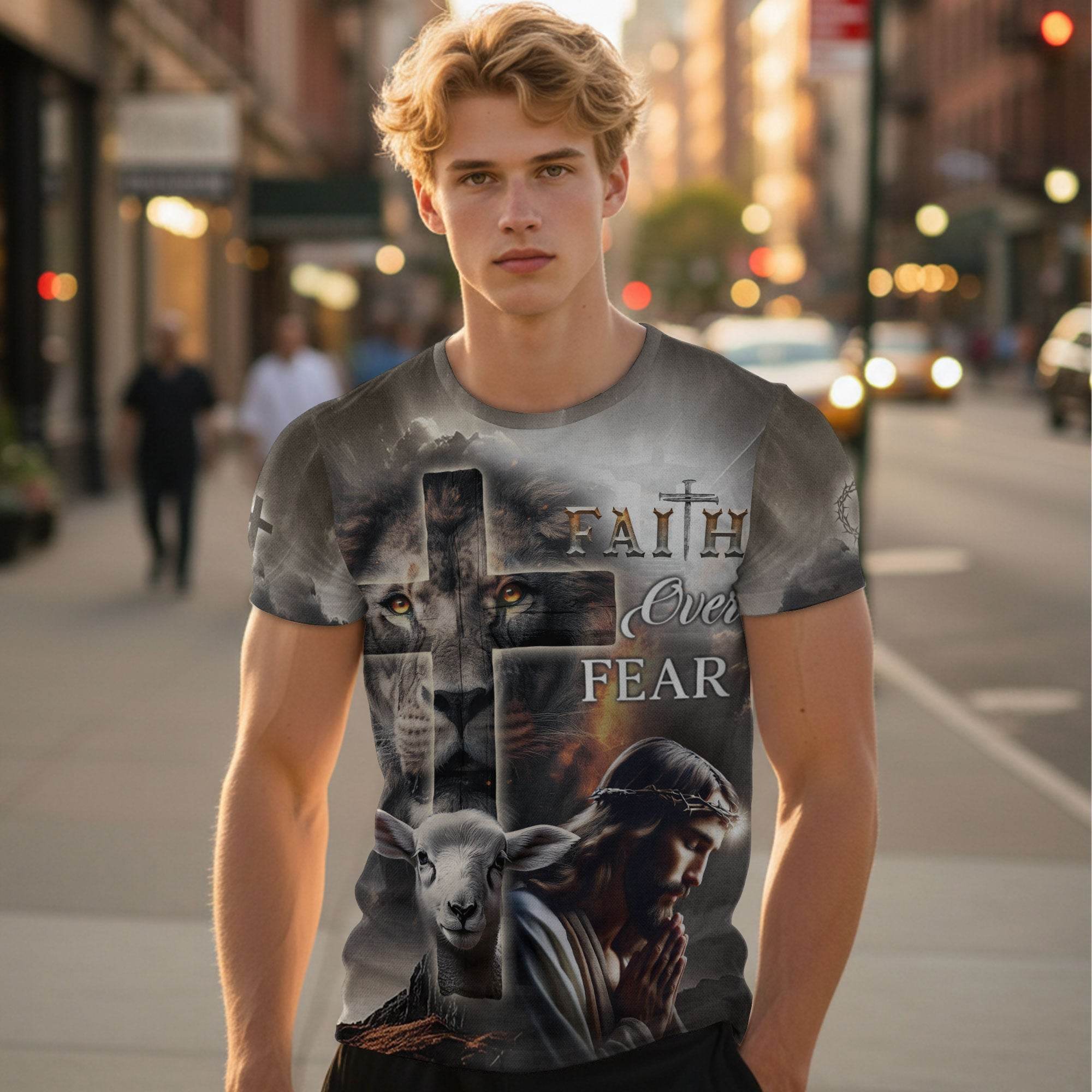 Faith Over Fear Lion Cross & Lamb Christian T-Shirt - Rust Field Wear