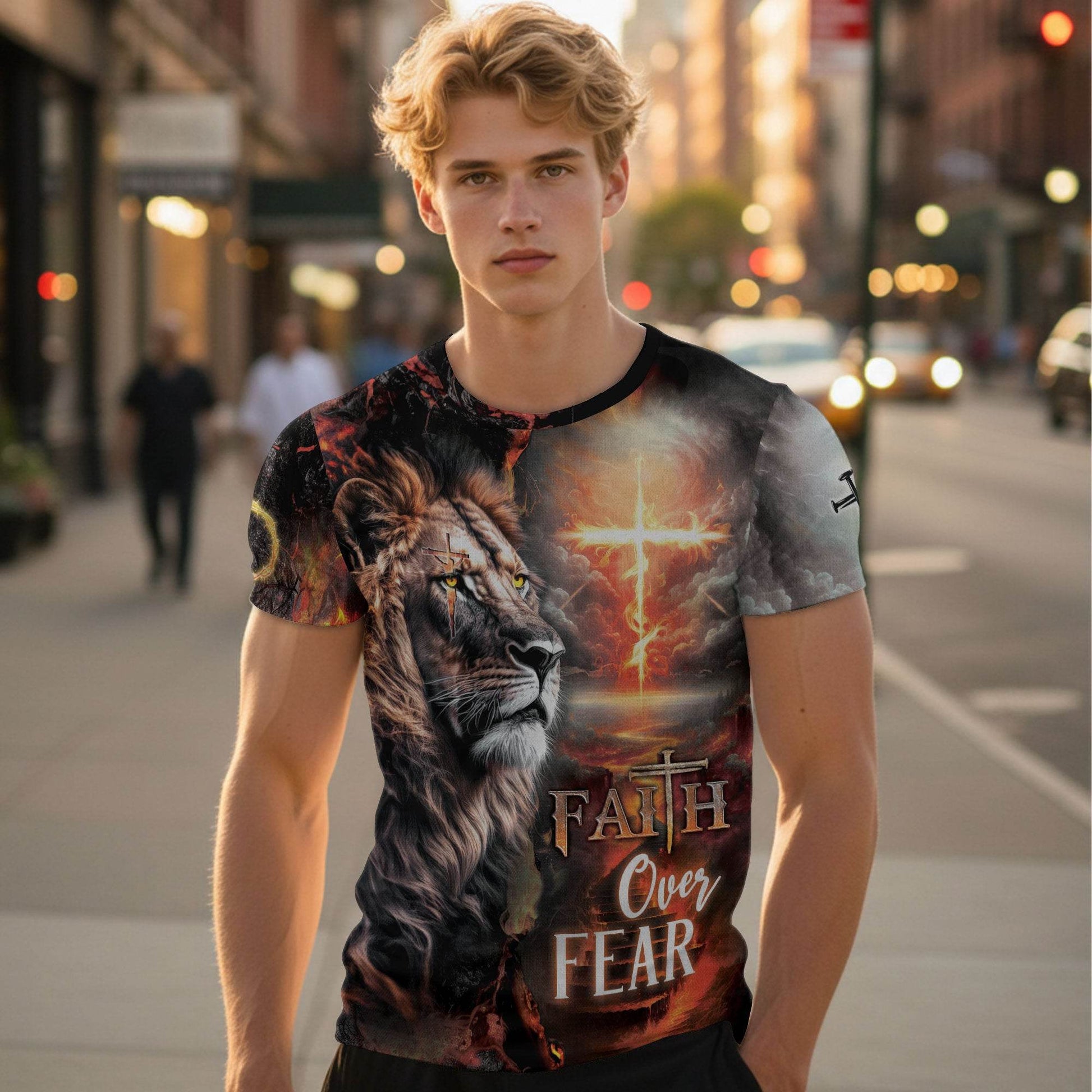 Lion & Fiery Cross Christian T-Shirt – Faith Over Fear Design - Rust Field Wear
