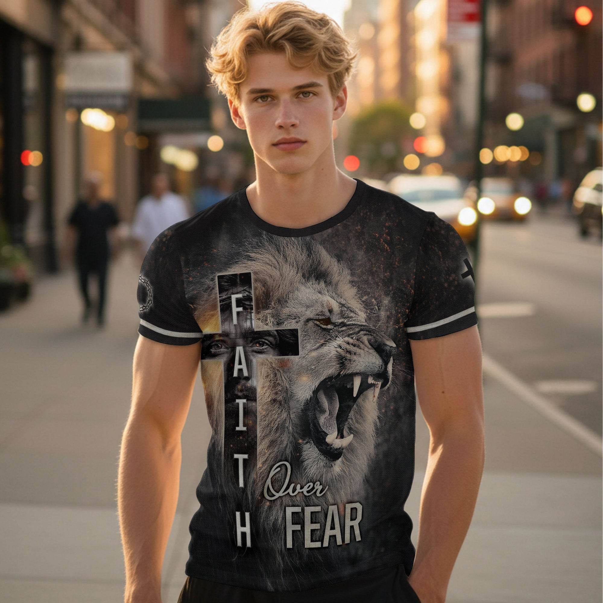 Roaring Lion & Cross Faith Over Fear Christian T-Shirt - Rust Field Wear