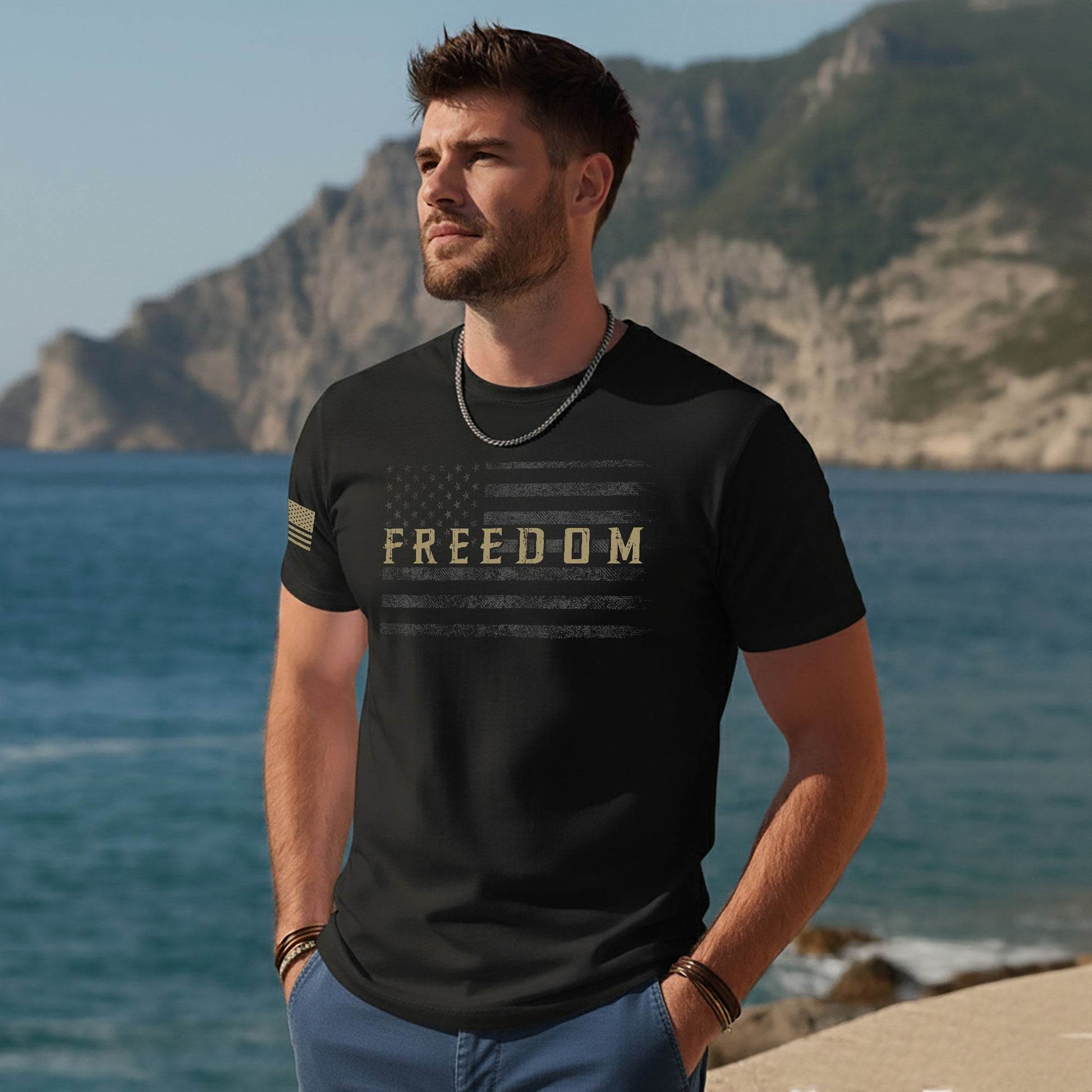 Freedom Distressed American Flag Military Style T-Shirt - Rust Field Wear