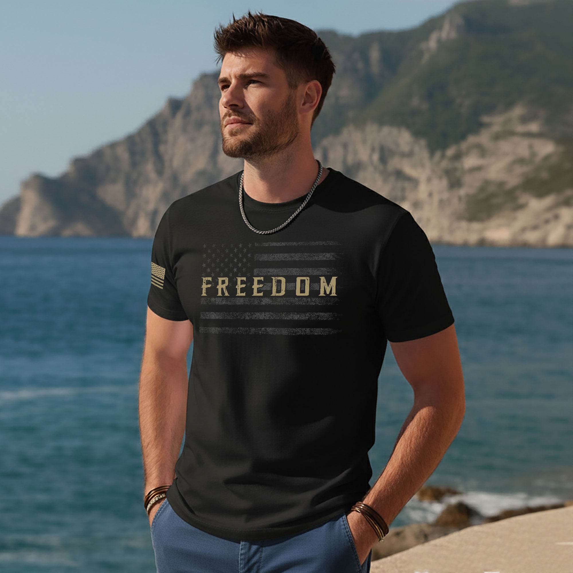 Freedom Distressed American Flag Military Style T-Shirt - Rust Field Wear