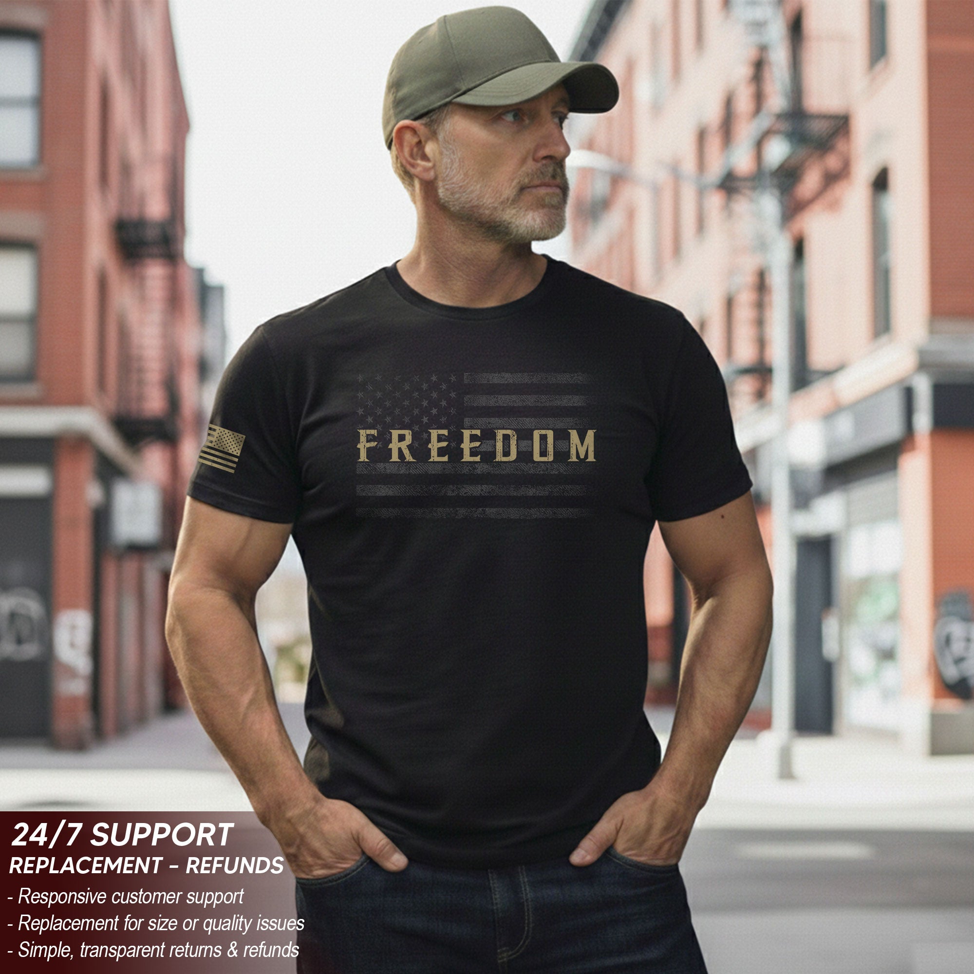 Freedom Distressed American Flag Military Style T-Shirt