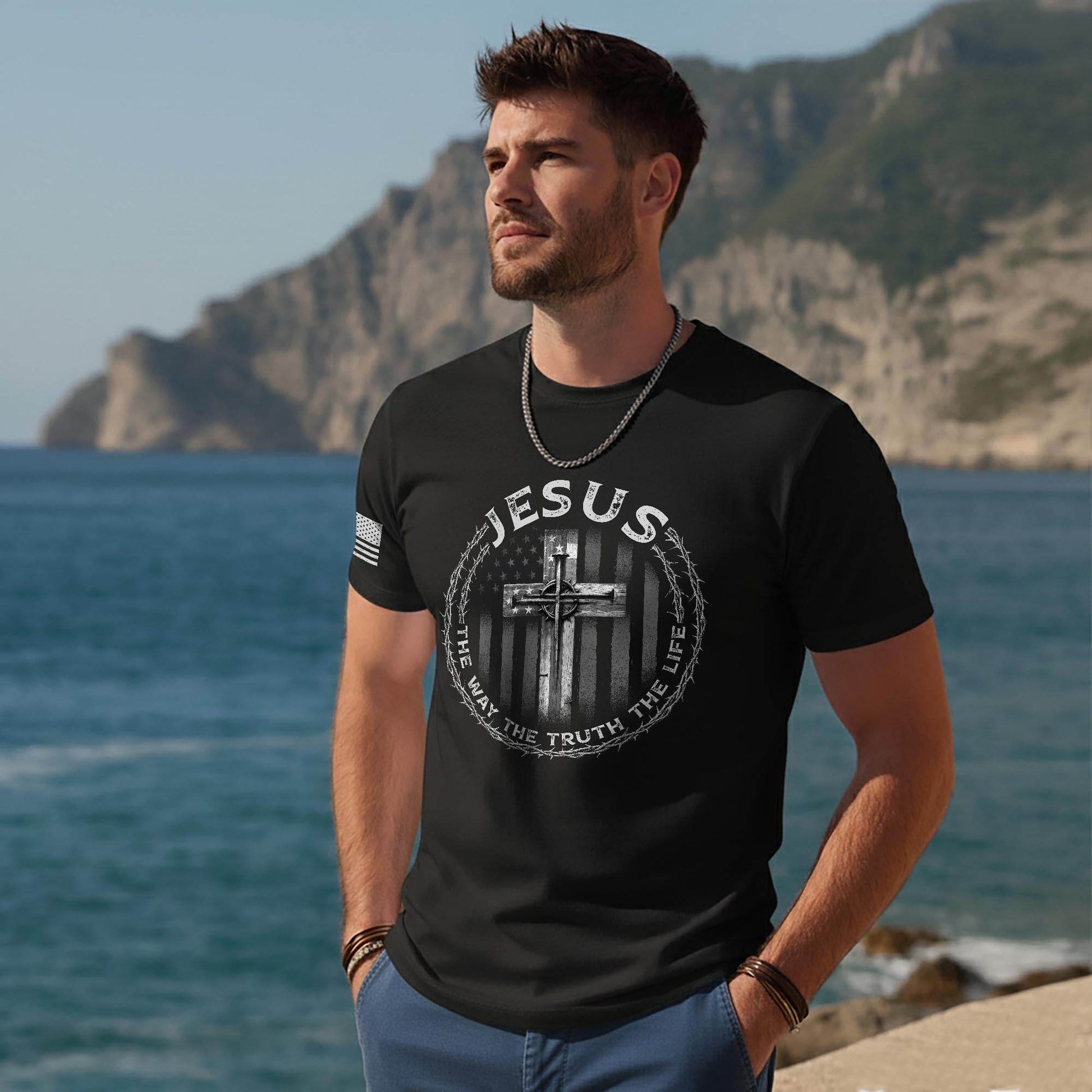 Jesus Cross American Flag The Way The Truth The Life T-Shirt - Rust Field Wear