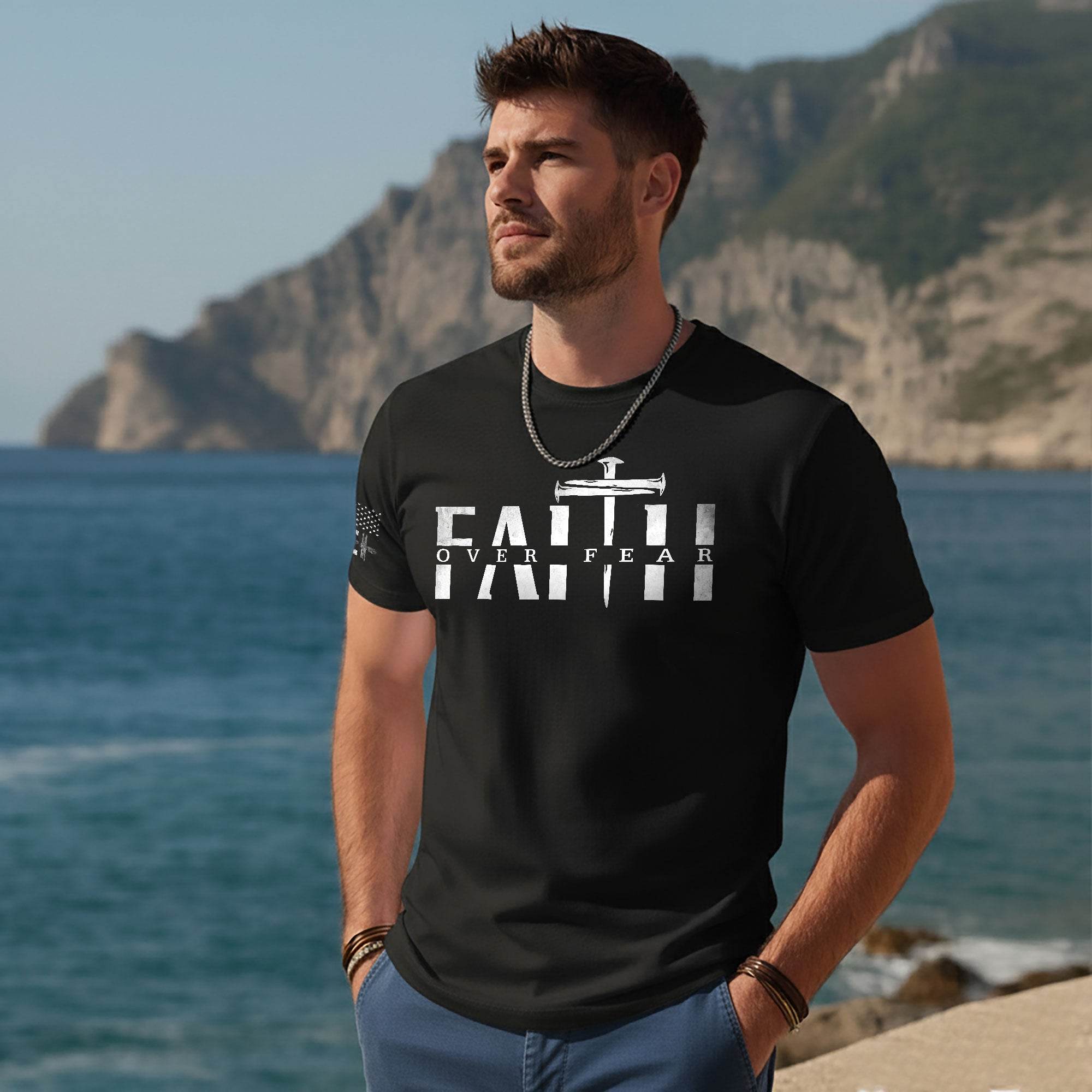Faith Over Fear Sword Cross Graphic T-Shirt - Rust Field Wear