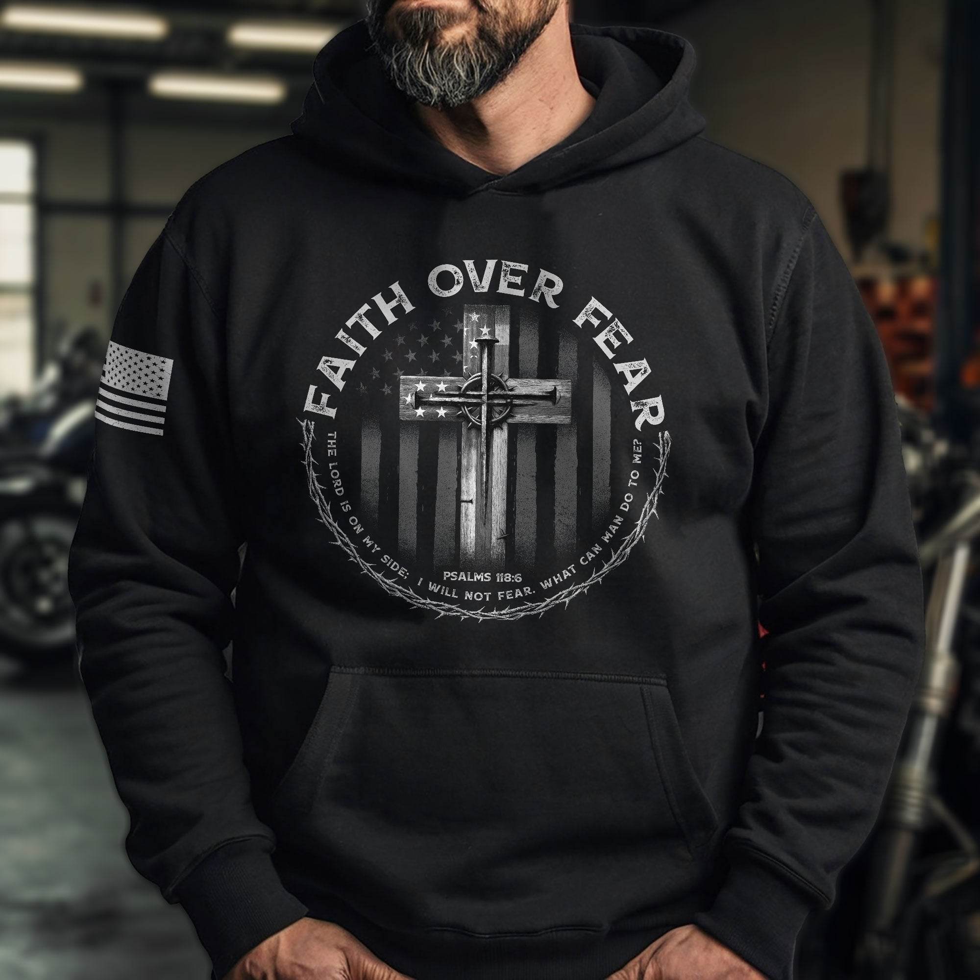 Faith Over Fear Cross American Flag Hoodie - Rust Field Wear