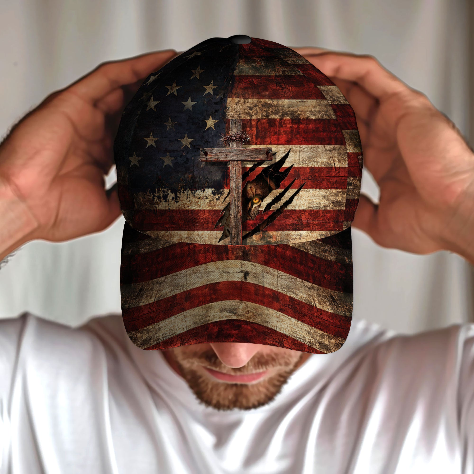 American Flag Lion Eye Cross Crown Christian Hat