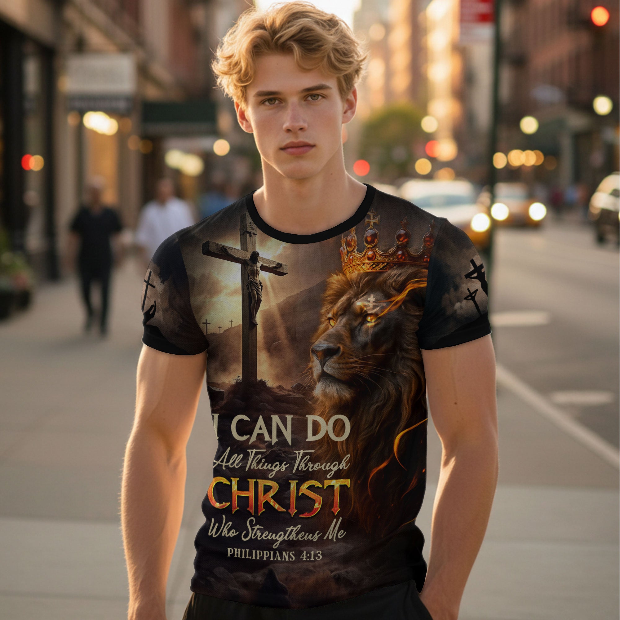 I Can Do All Things Through Christ Lion of Judah Cross Fire Christian T-Shirt
