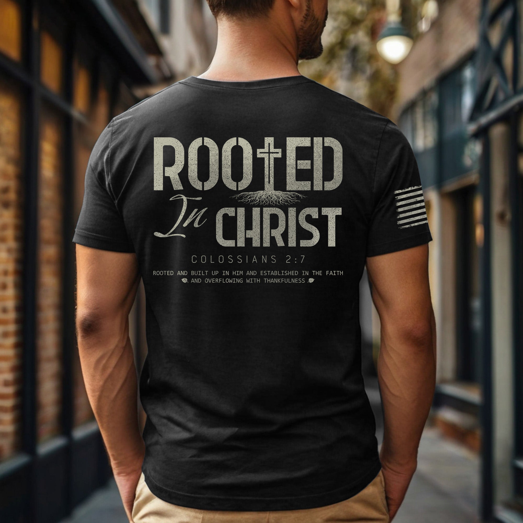 Rooted In Christ Colossians 2 7 Christian T Shirt With Cross And Roots
