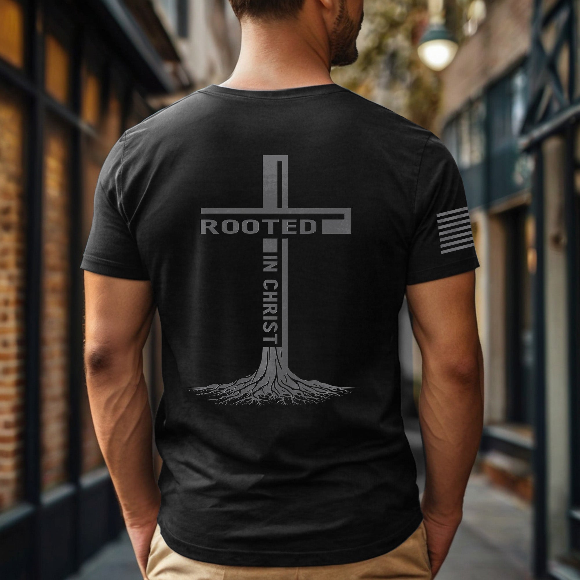 Rooted In Christ Cross Christian T Shirt With Roots Graphic