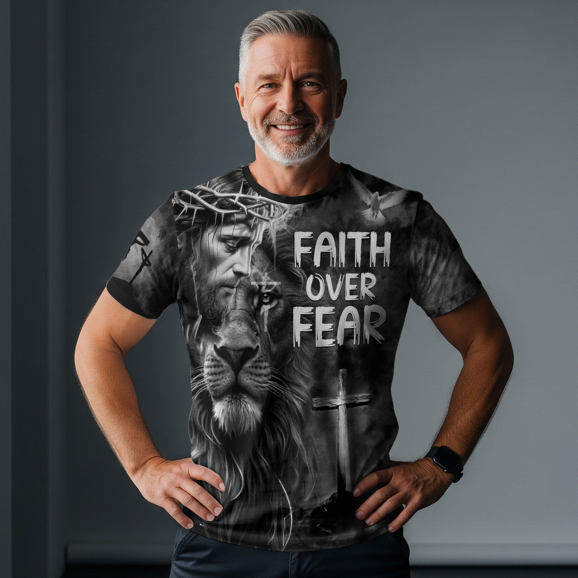 Faith Over Fear Jesus Lion of Judah Cross Christian T-Shirt