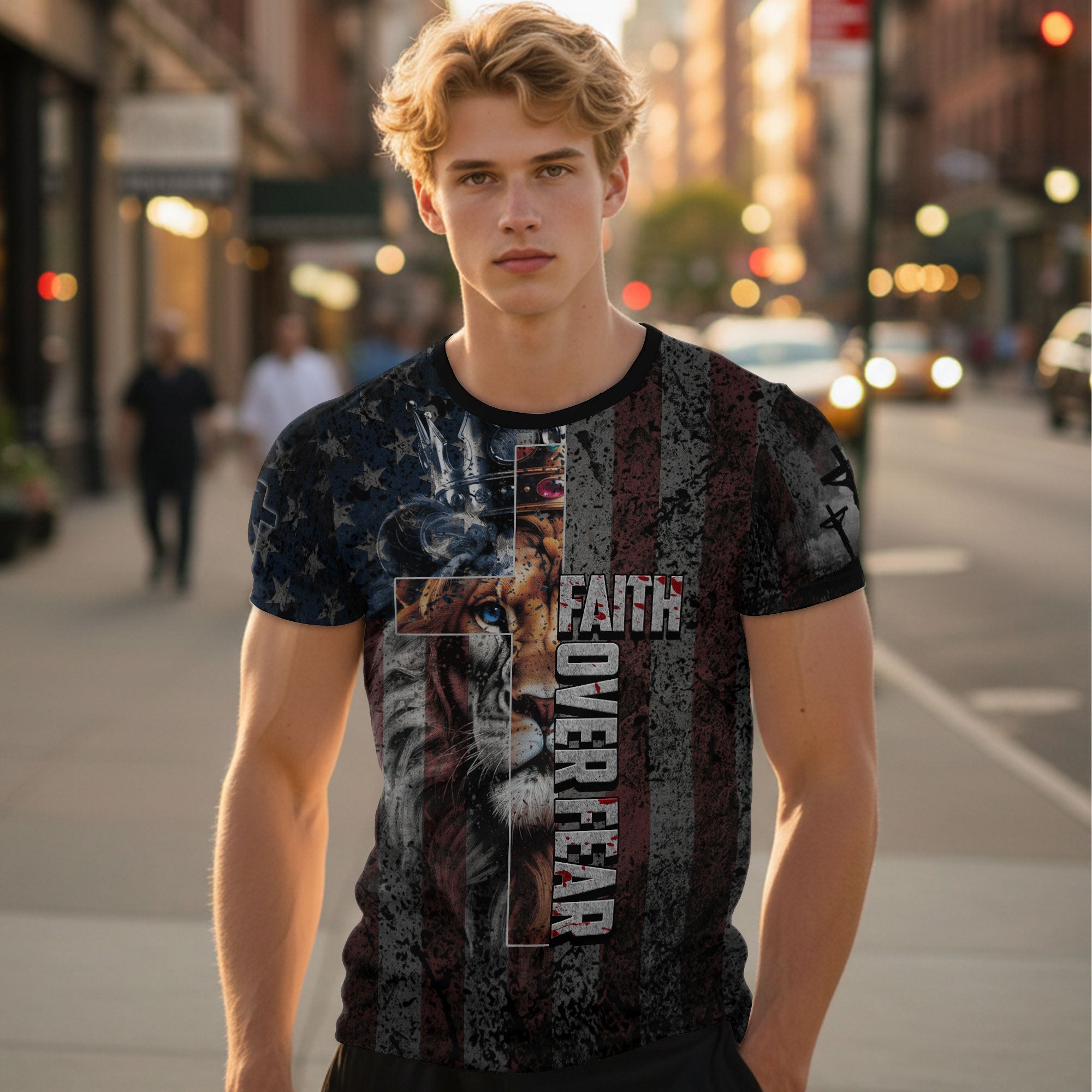 Faith Over Fear Jesus Crown Lion Of Judah American Flag Christian Warrior T-Shirt