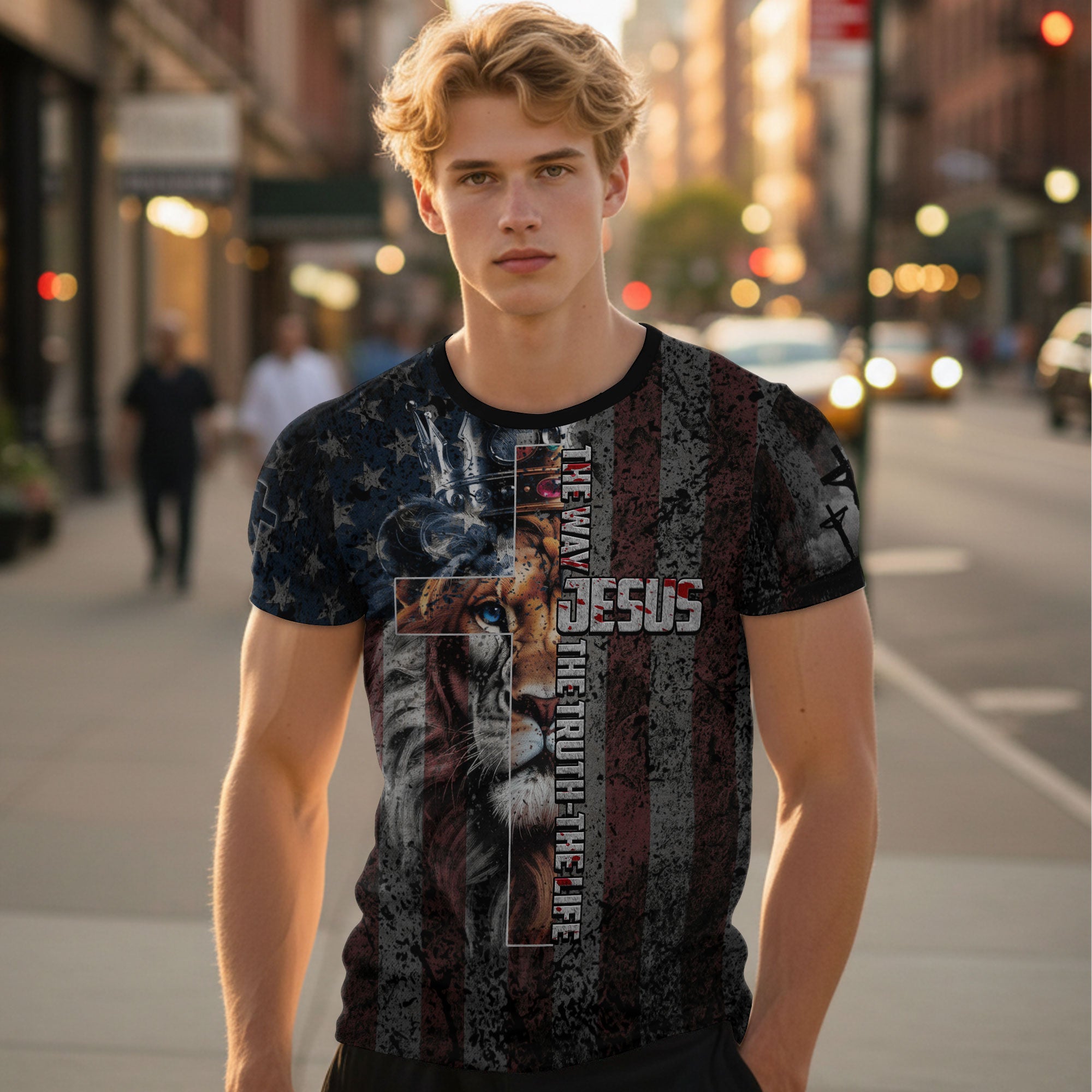Jesus The Way The Truth The Life Lion Crown Cross American Flag Christian T-Shirt