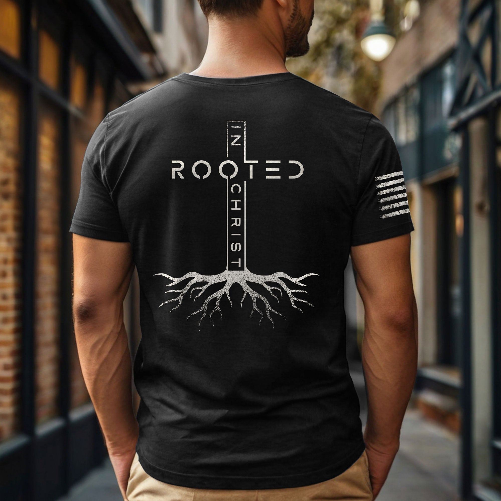 Rooted In Christ Vertical Cross Roots Back Print Christian T-Shirt