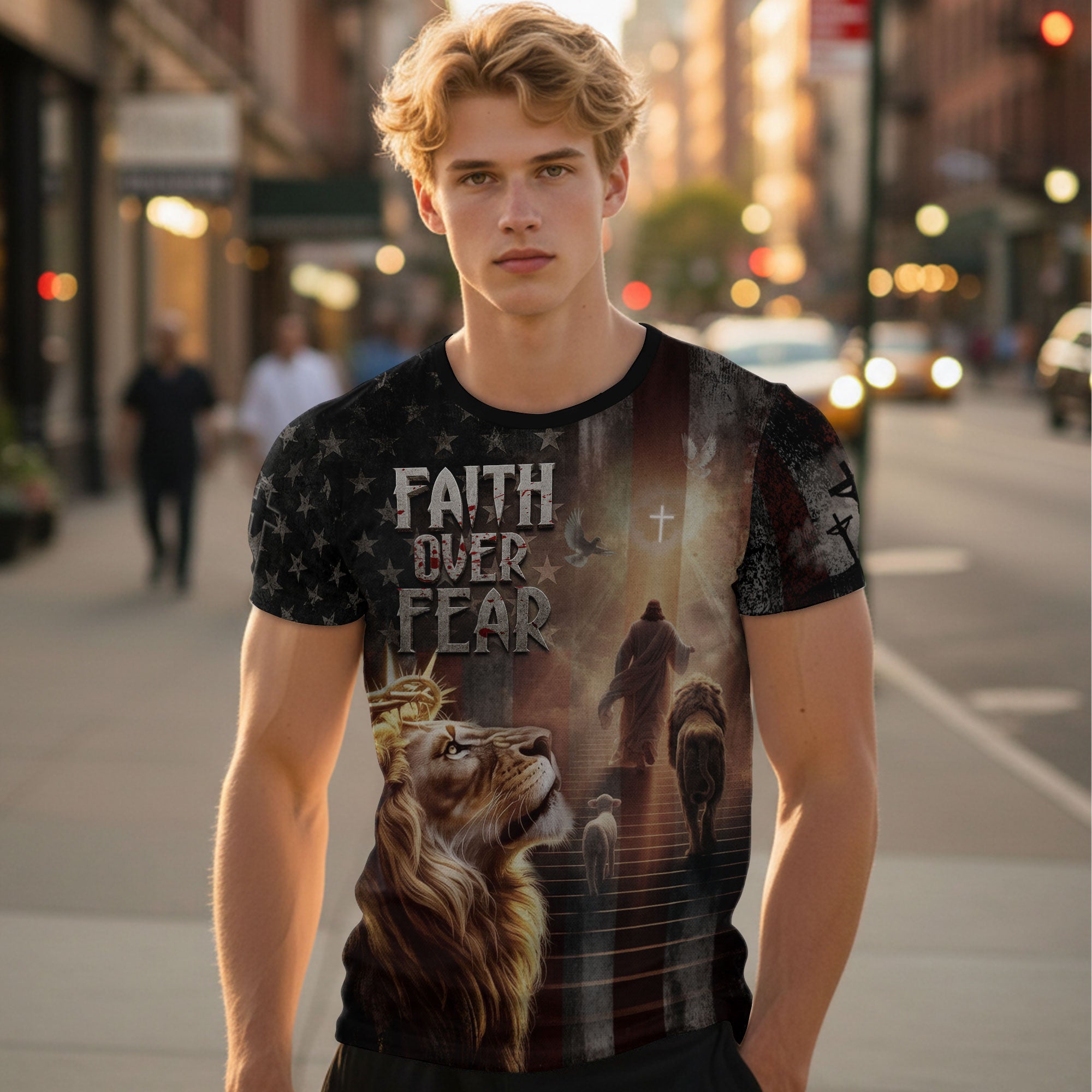 Faith Over Fear Lion of Judah Jesus American Flag Christian T-Shirt