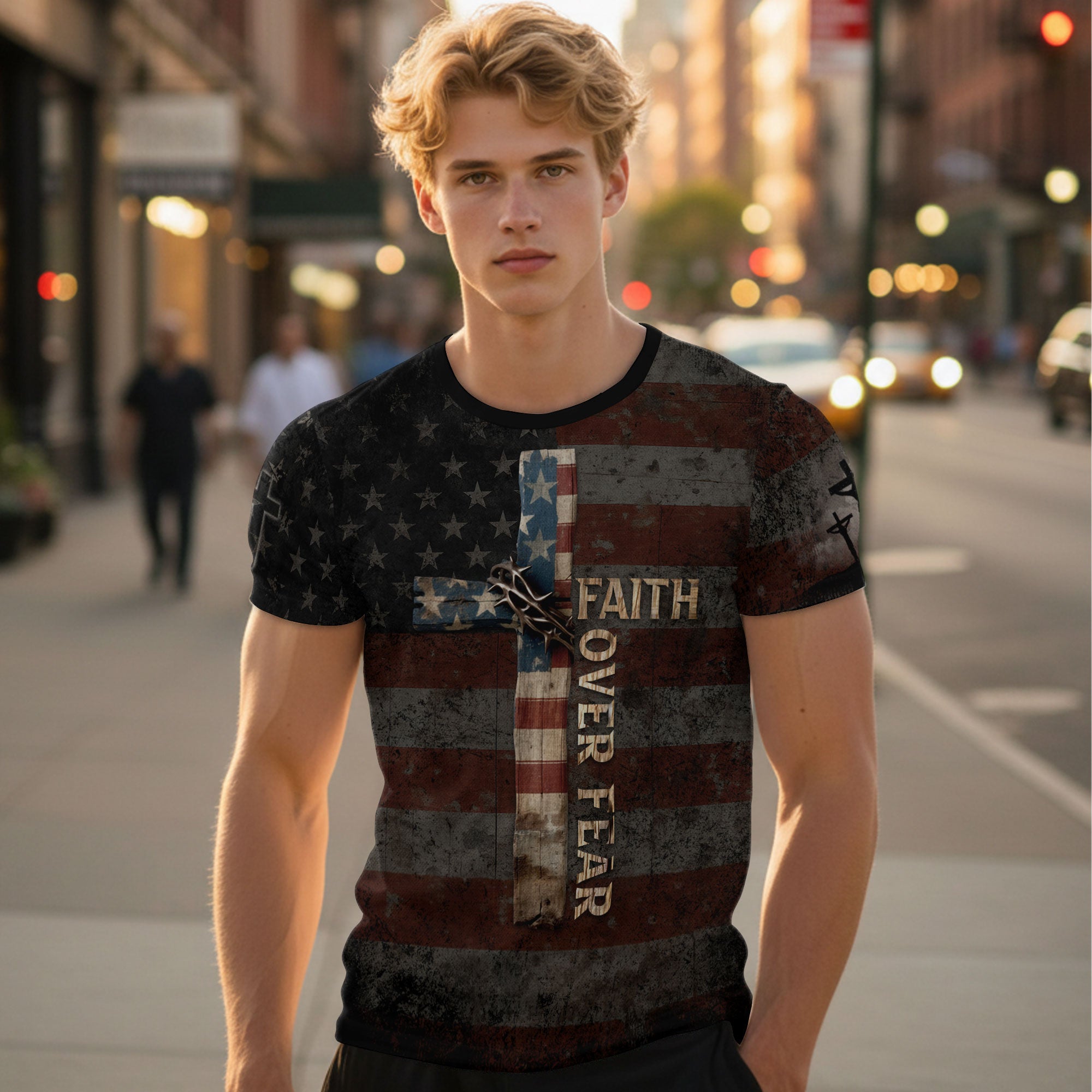 Faith Over Fear Cross American Flag Lion of Judah Jesus Christian T-Shirt