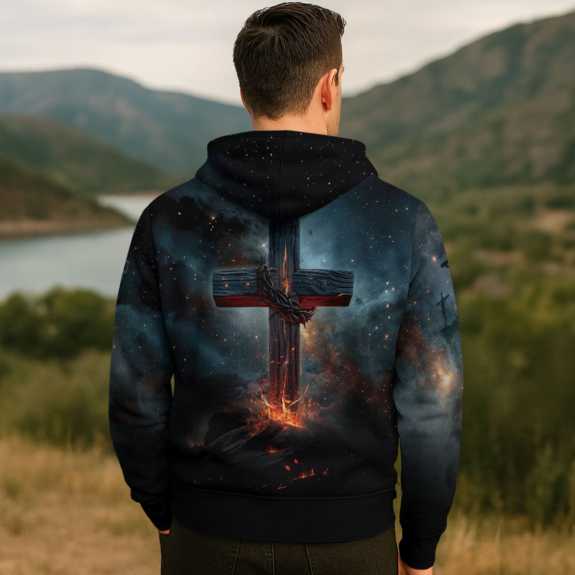 Faith Over Fear Christian Hoodie – Fiery Lion of Judah Cross Design