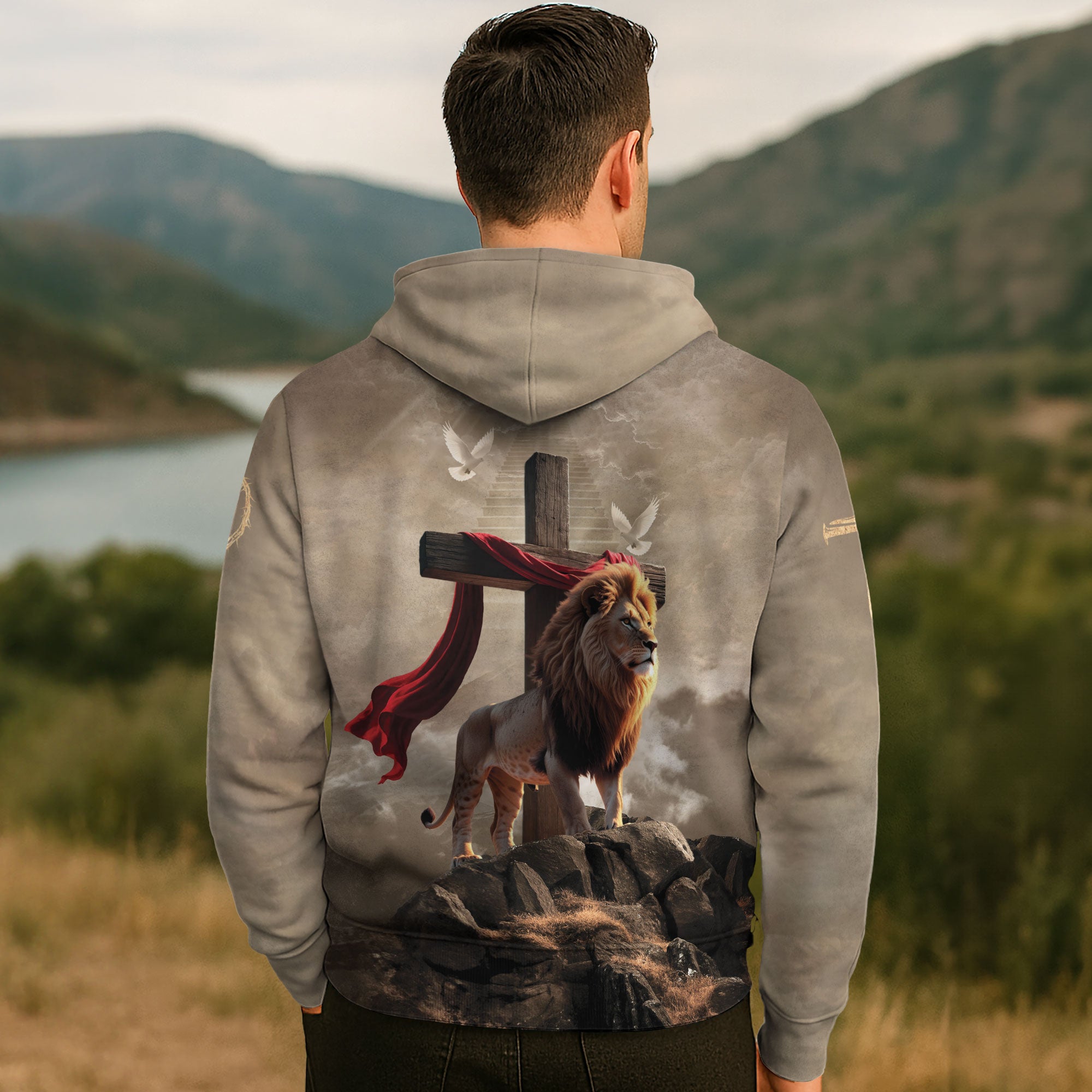 Faith Over Fear Christian Hoodie Lion Cross Desert Design
