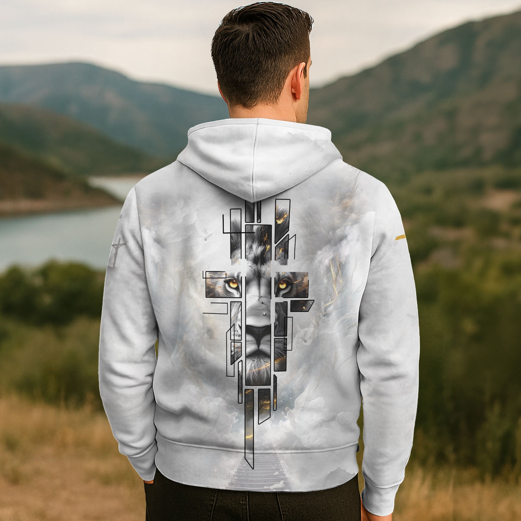 Faith Over Fear Christian Hoodie White Lion Cross Heaven Design