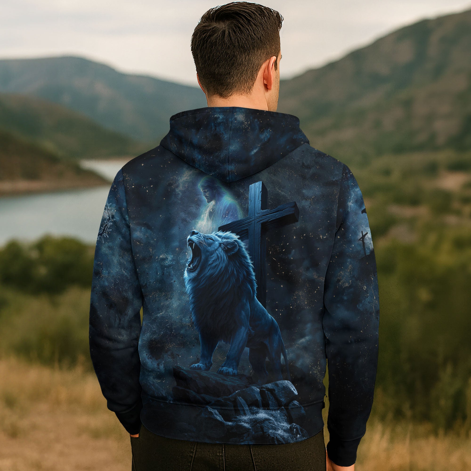 Faith Over Fear Christian Hoodie Warrior Lion Cross Design