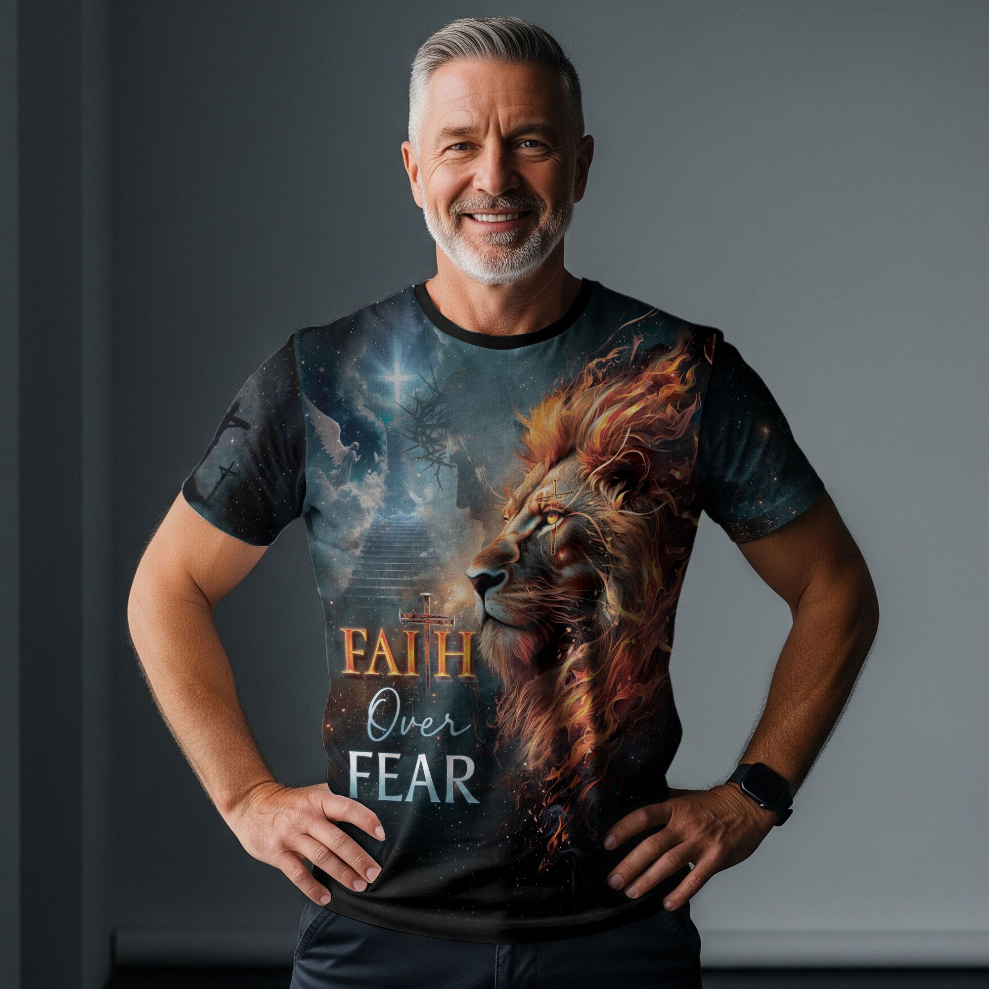 Faith Over Fear Christian T-Shirt Lion Cross Fire Galaxy Design