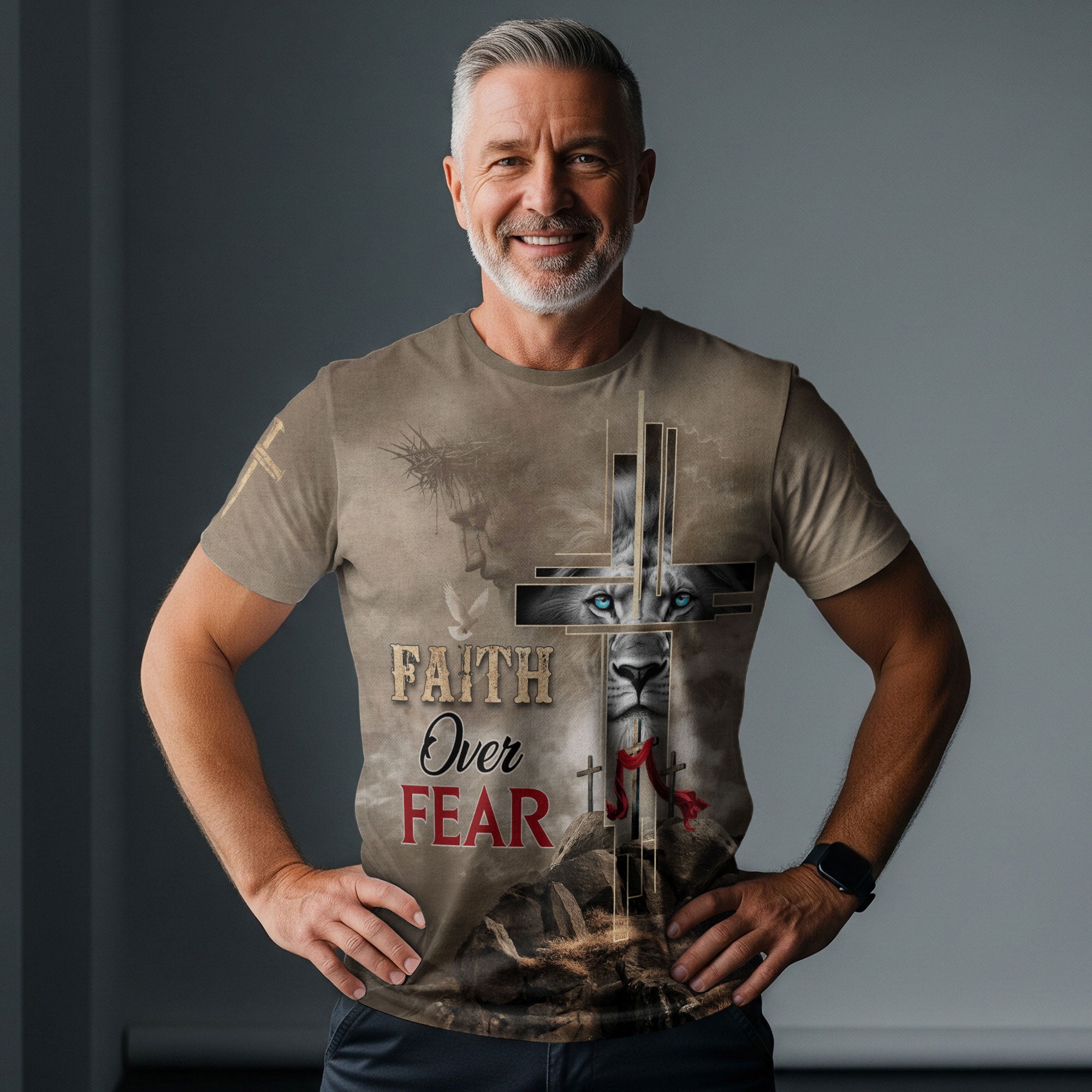 Faith Over Fear Christian T-Shirt Lion Cross Desert Light Design