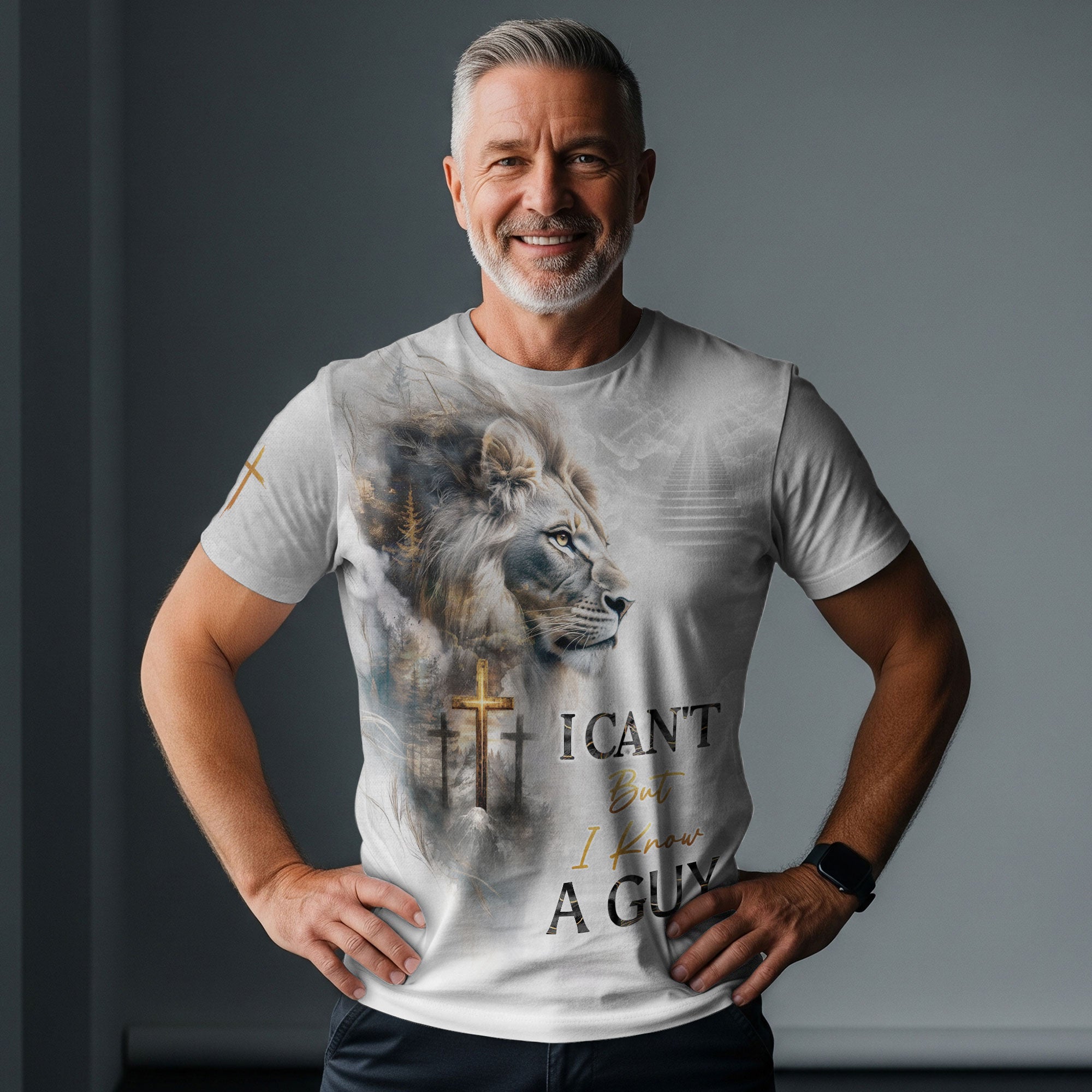 I Can’t But I Know A Guy Christian T-Shirt White Lion Heaven Cross Design