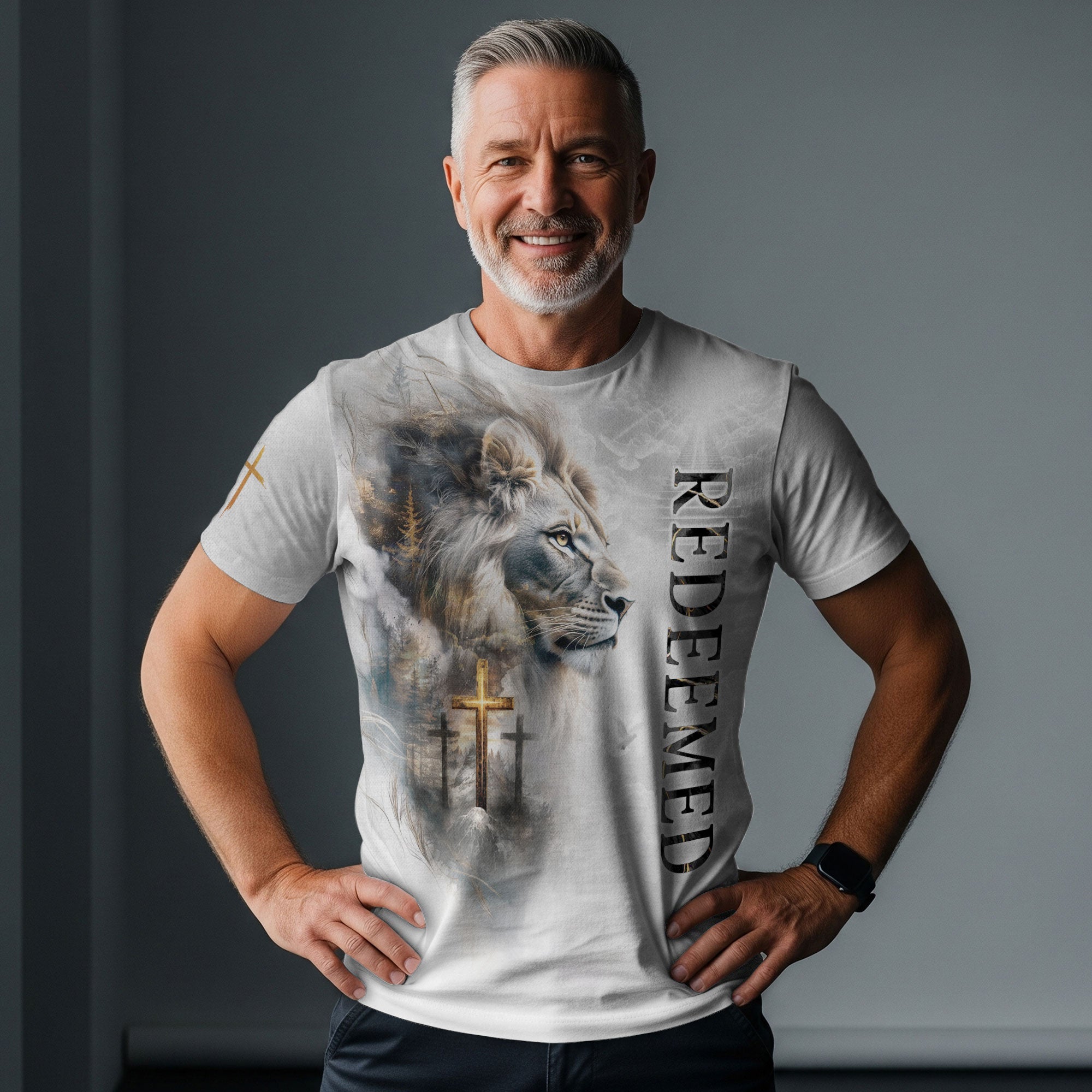 Redeemed Christian T-Shirt Lion Cross White Heaven Design