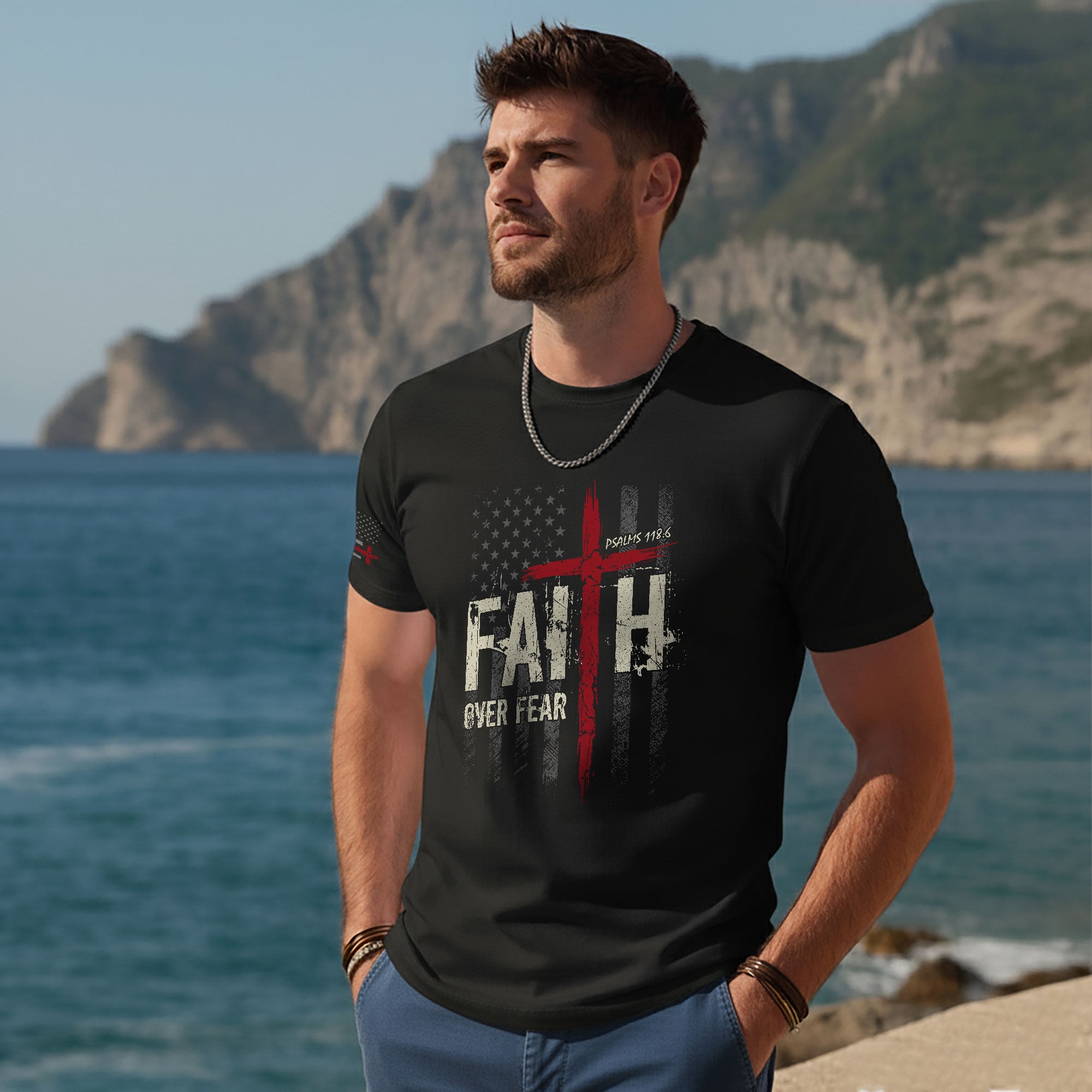 Faith Over Fear Psalms 118 6 Red Cross American Flag Christian T-Shirt