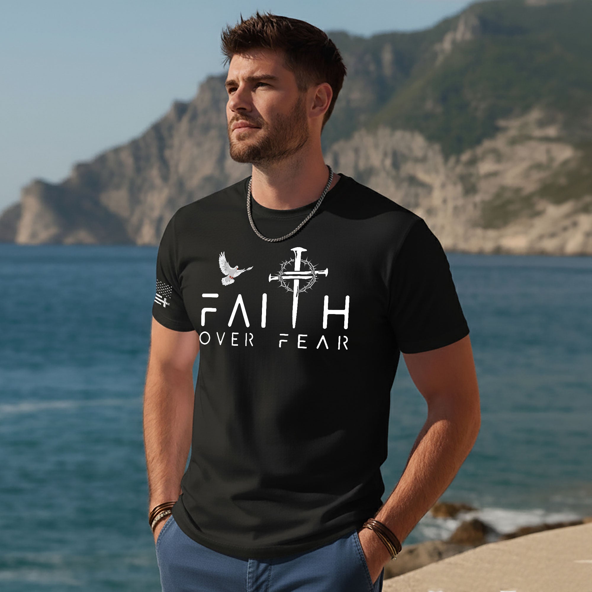 Faith Over Fear Dove and Nail Cross Christian T-Shirt