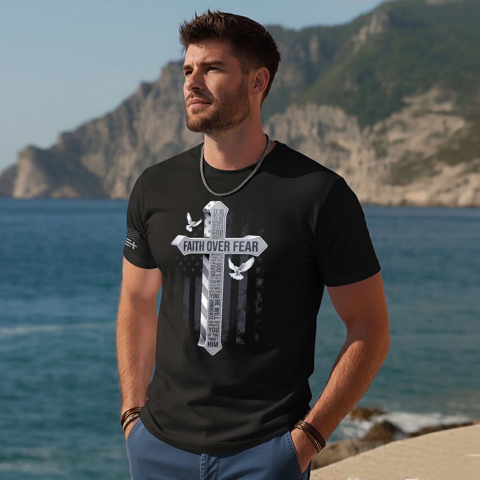 Faith Over Fear American Flag Cross Dove Christian T-Shirt