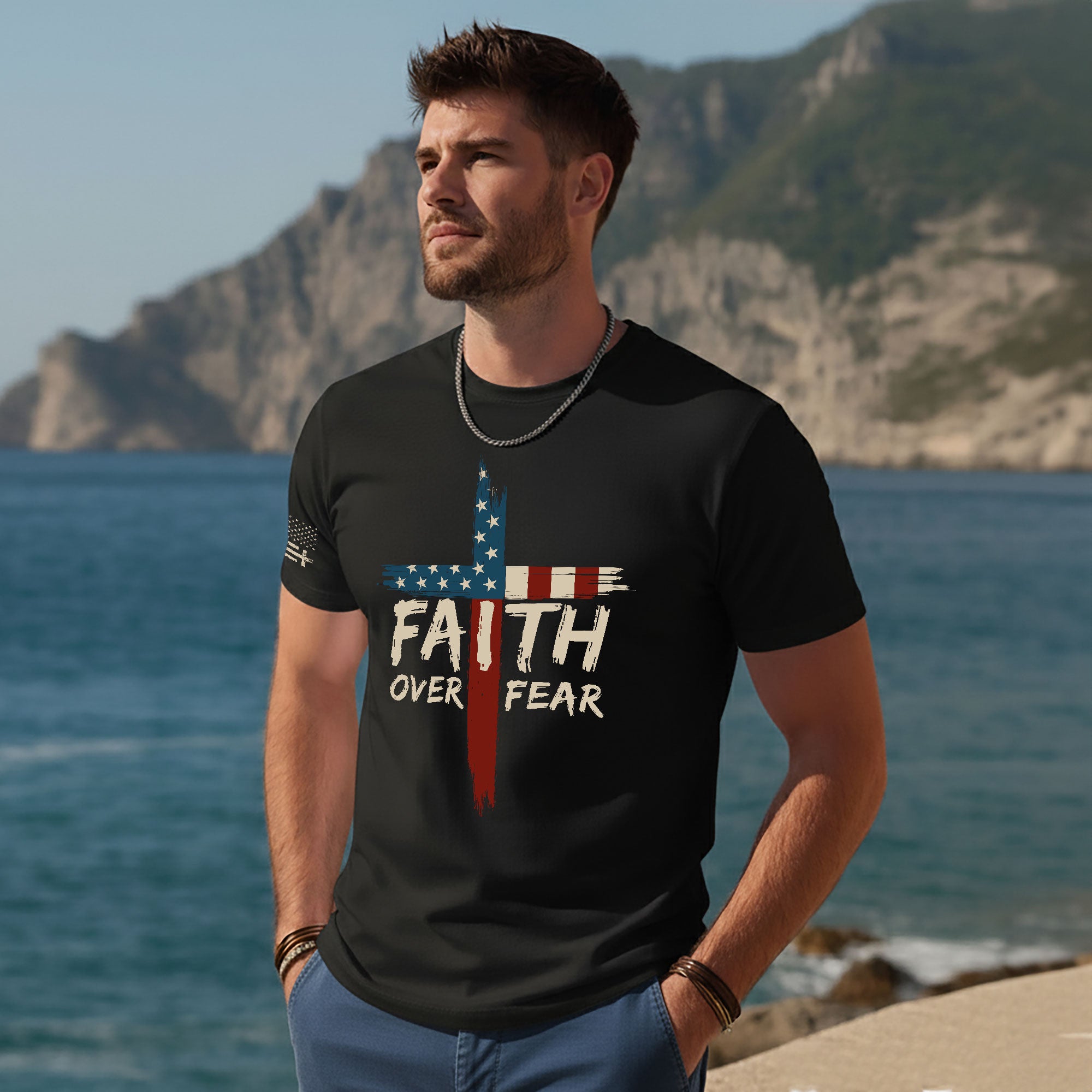 Faith Over Fear USA Flag Cross Christian T-Shirt