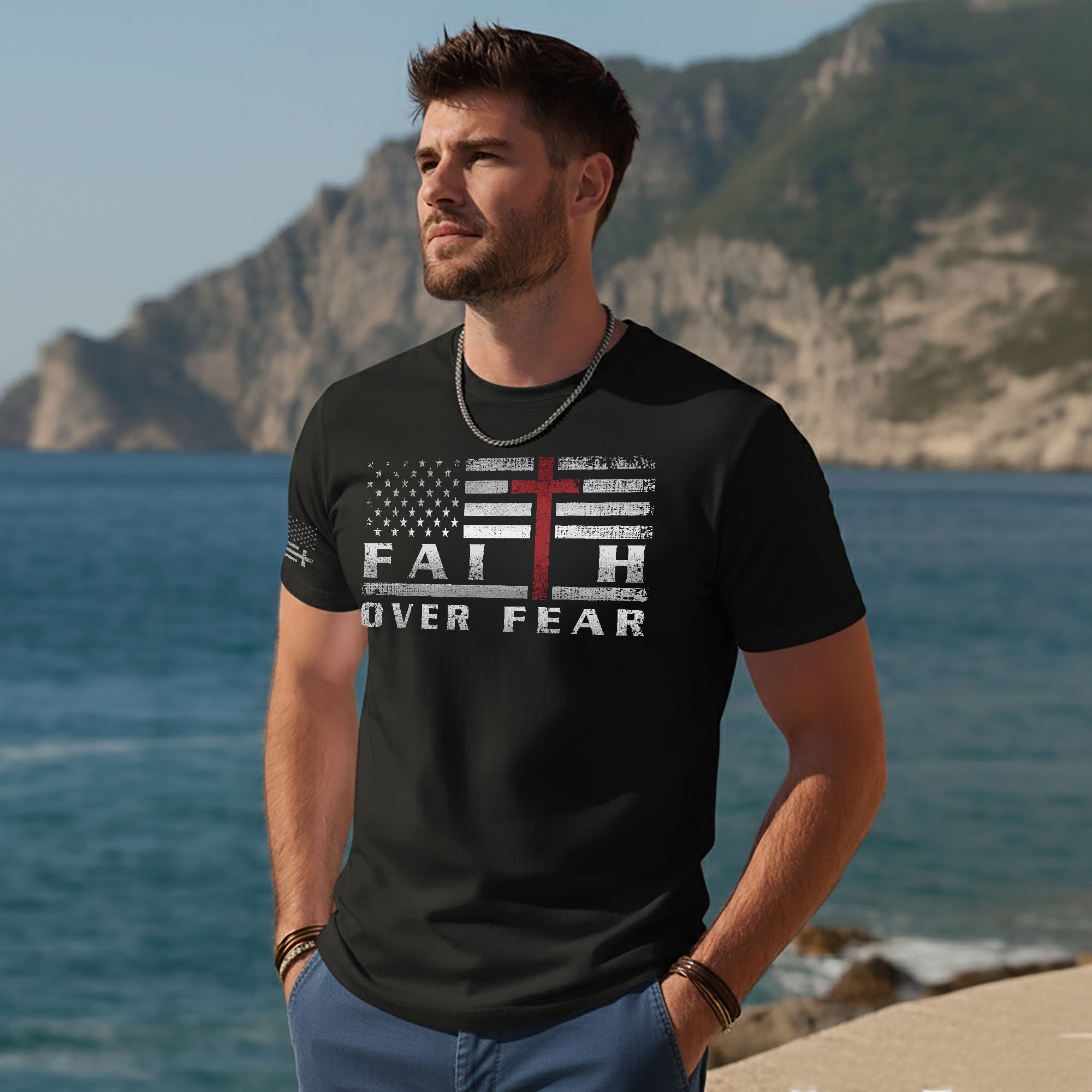 Faith Over Fear USA Flag Red Cross Christian T-Shirt