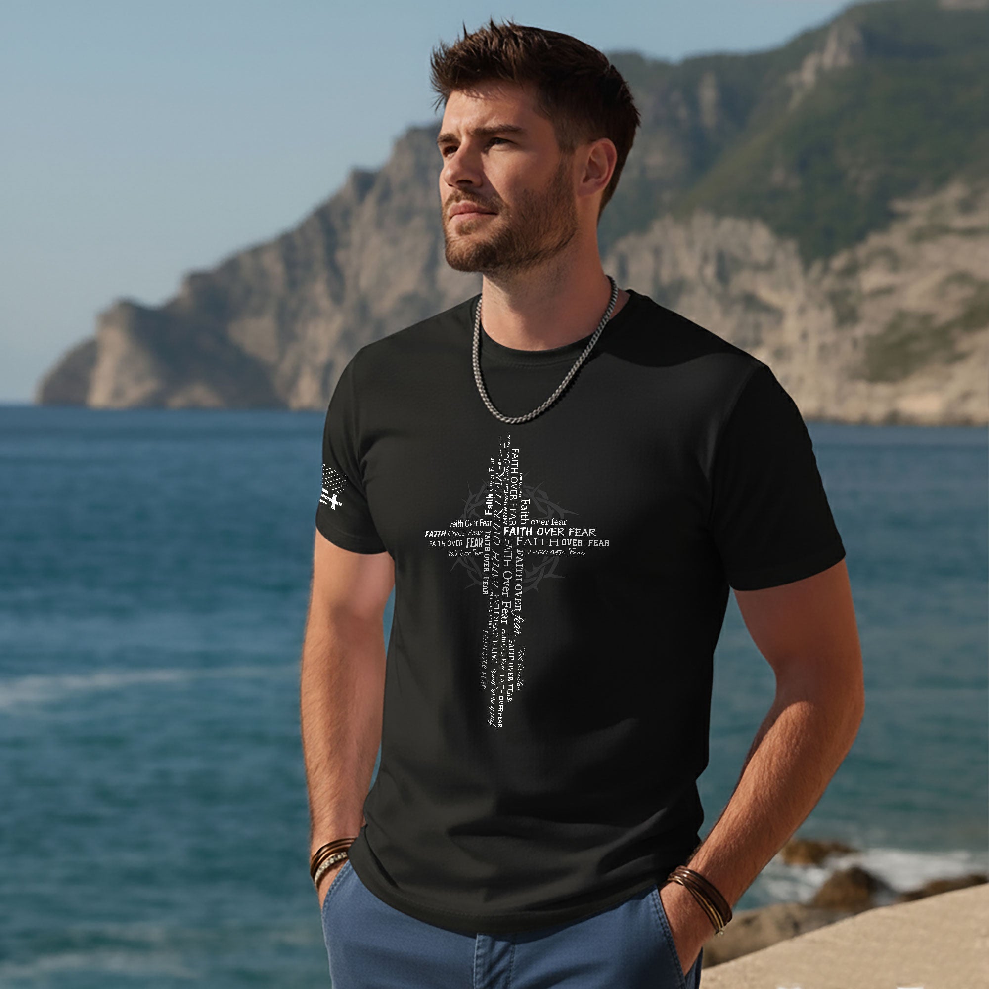 Faith Over Fear Typography Cross Christian T-Shirt