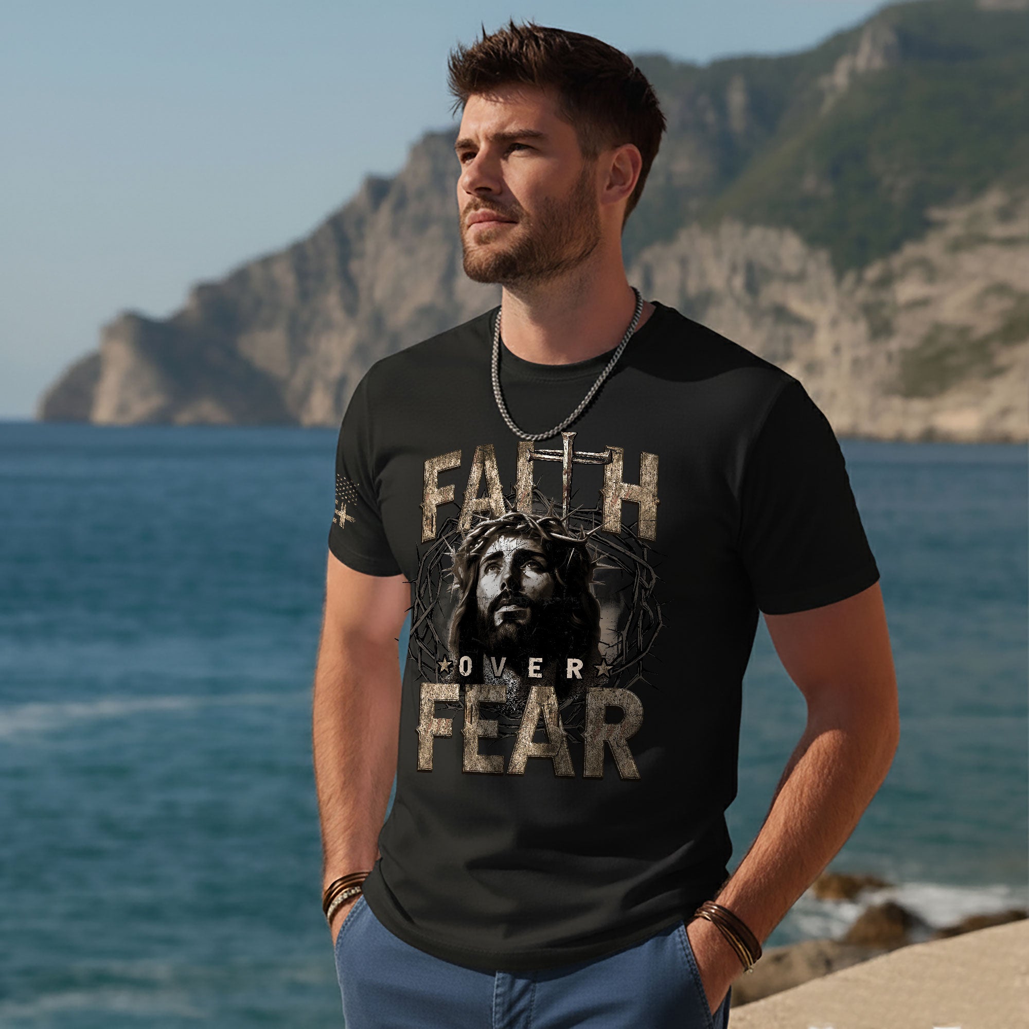 Faith Over Fear Christian T-Shirt Jesus Crown Cross Design