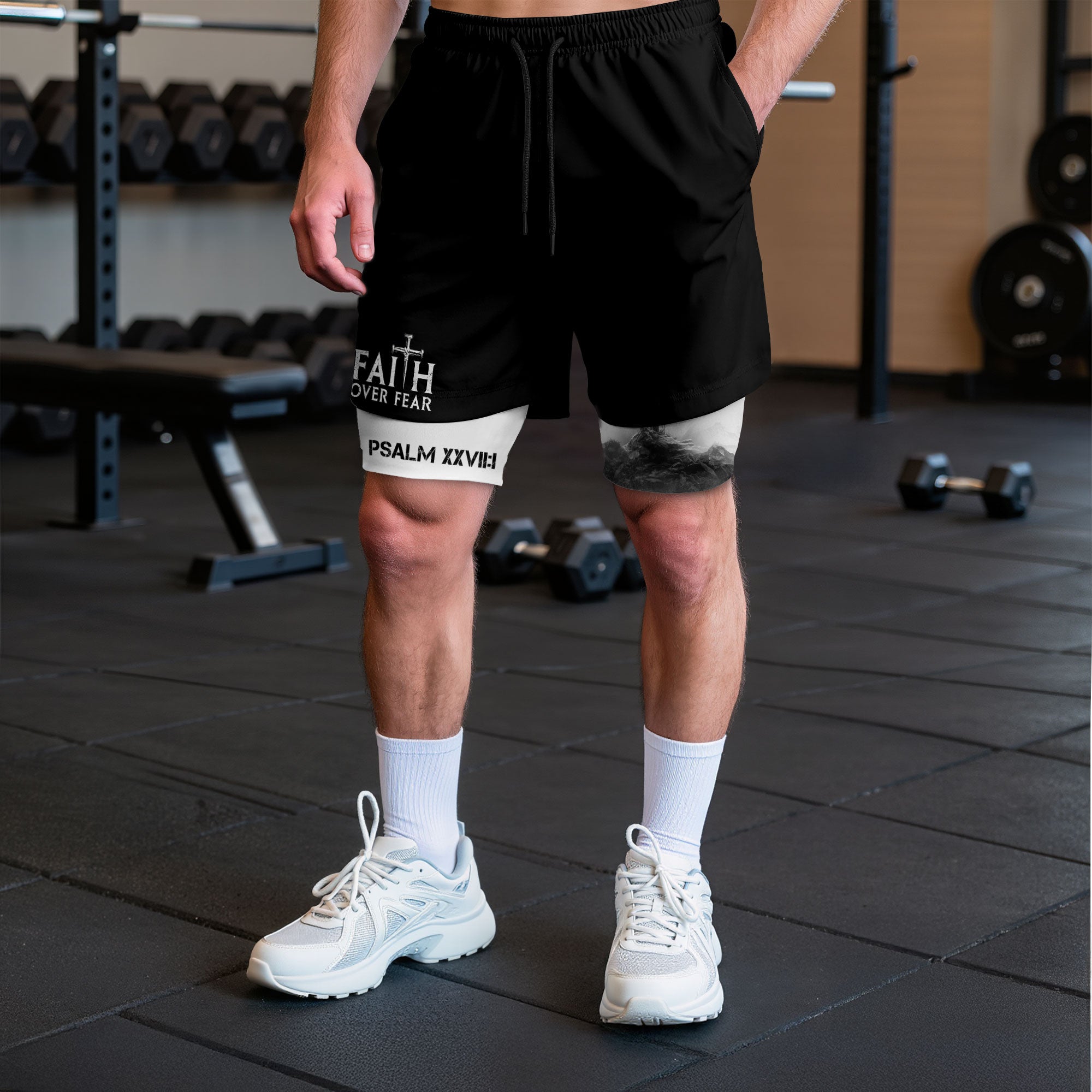Faith Over Fear Christian Gym Shorts for Men Psalms 27:1