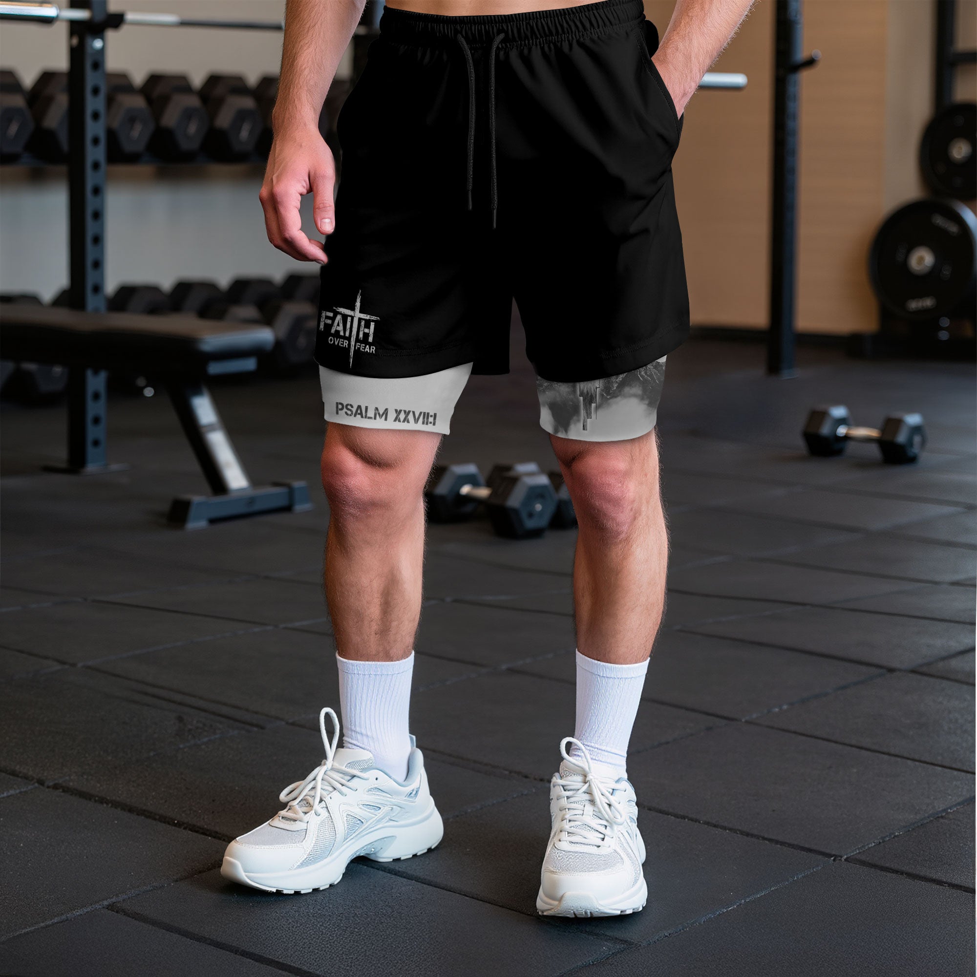 Faith Over Fear Christian Gym Shorts for Men Lion Cross Design