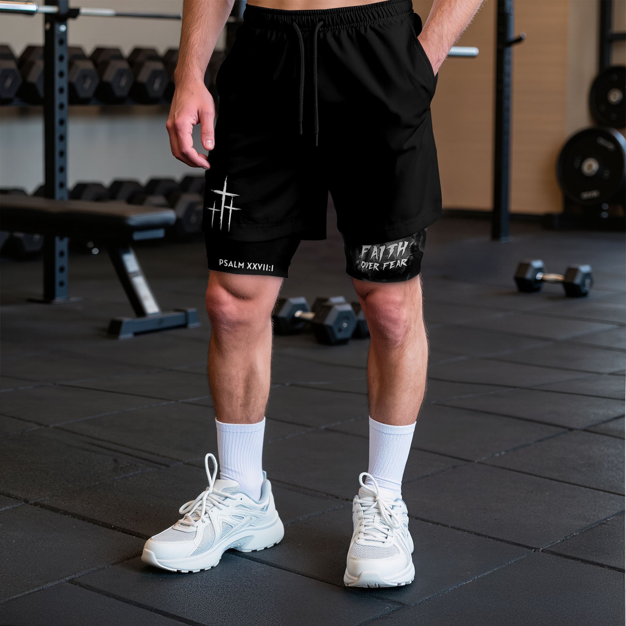Psalm 27 1 Faith Over Fear Christian Gym Shorts Lion and Cross Design