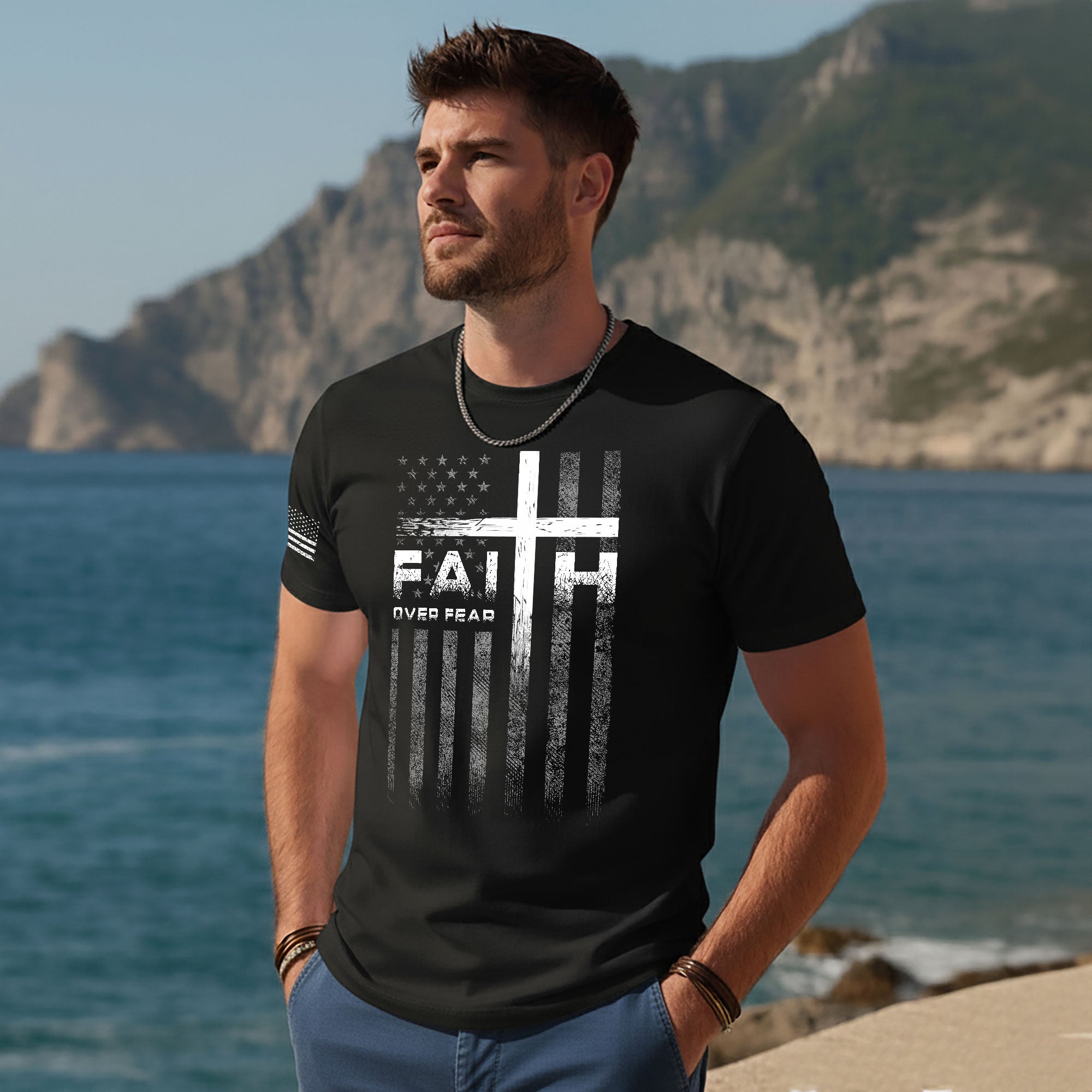 Faith Over Fear Christian T-Shirt Cross American Flag Design