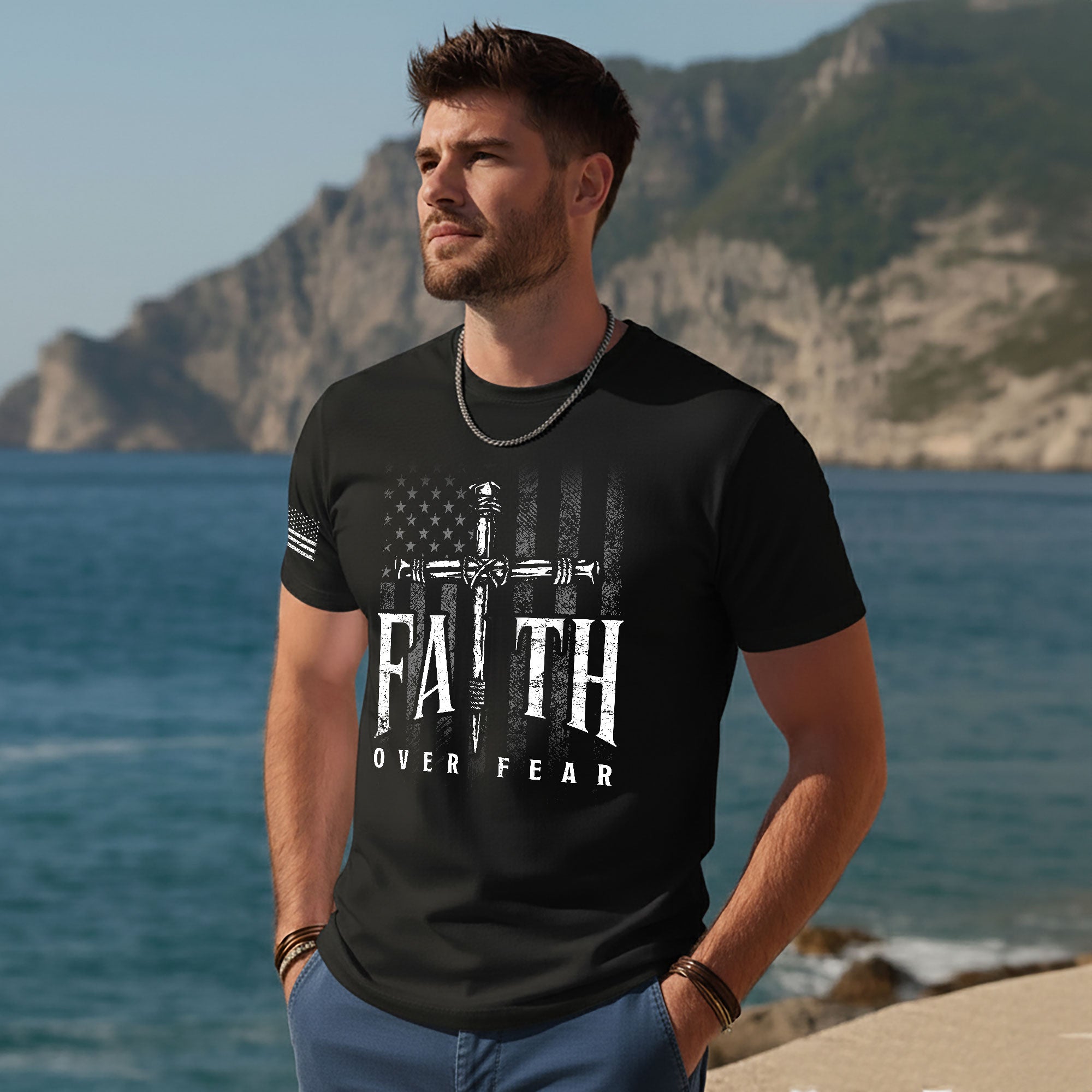 Faith Over Fear Christian T-Shirt American Flag Cross Sword Design