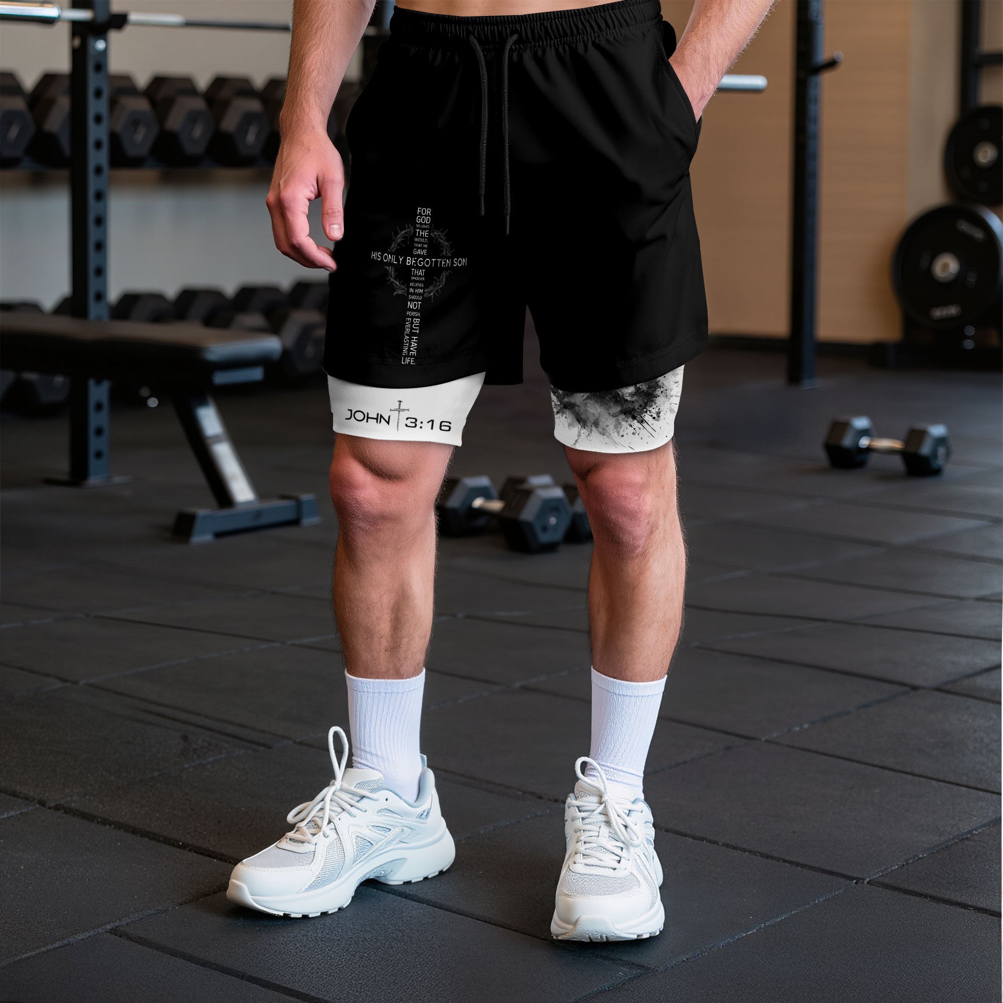 John 3:16 Christian Gym Shorts for Men with Liner Mountain Cross Design