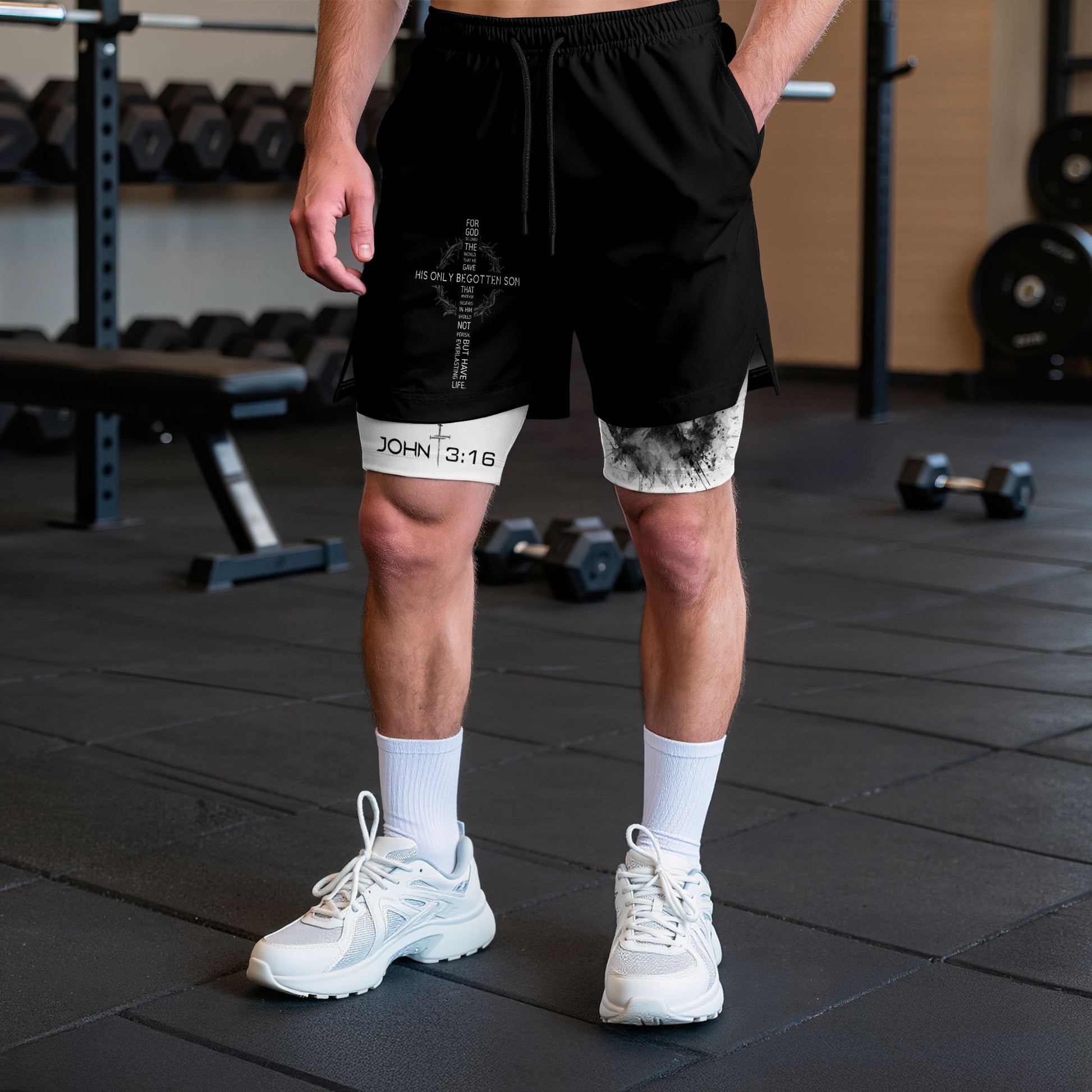 John 3:16 Christian Gym Shorts for Men with Liner Mountain Cross Design - Rust Field Wear