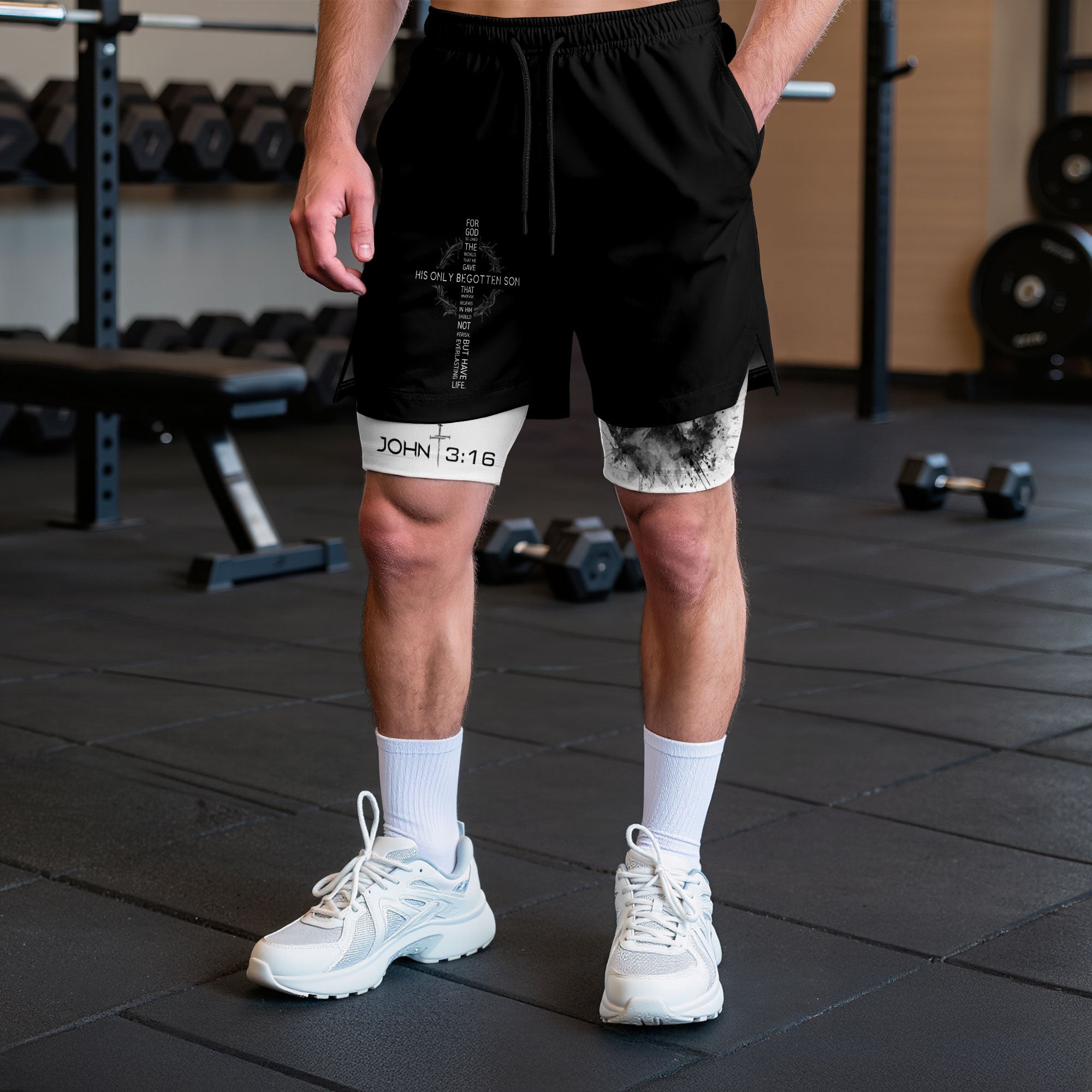 John 3:16 Christian Gym Shorts for Men with Liner Mountain Cross Design - Rust Field Wear