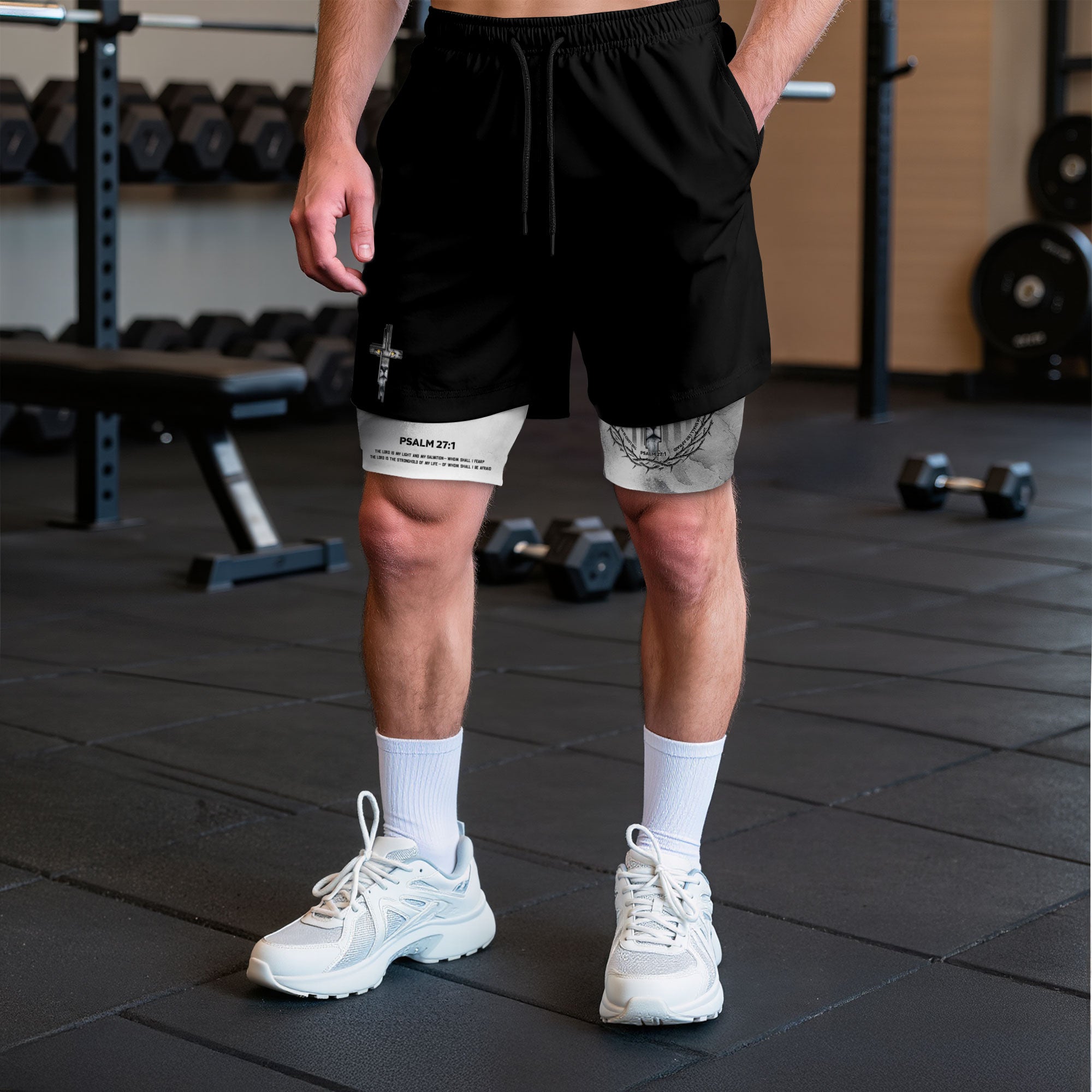 Faith Over Fear Christian Gym Shorts for Men Psalm 27 1 Armor Cross Lion