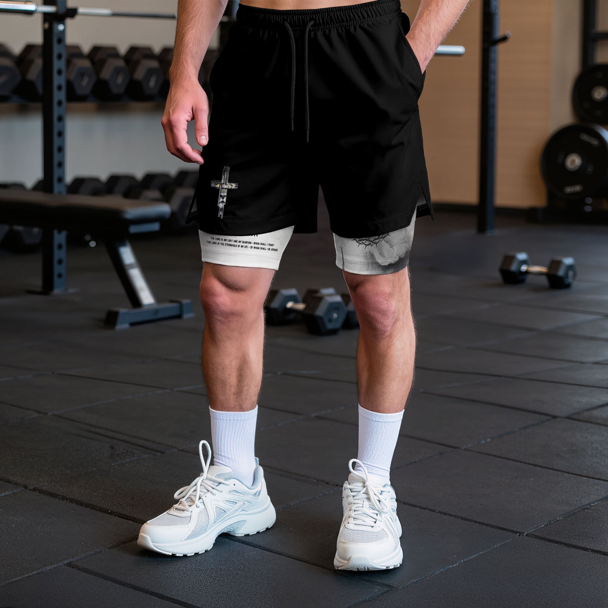 Faith Over Fear Christian Gym Shorts for Men Psalm 27:1 Armor Cross Lion - Rust Field Wear