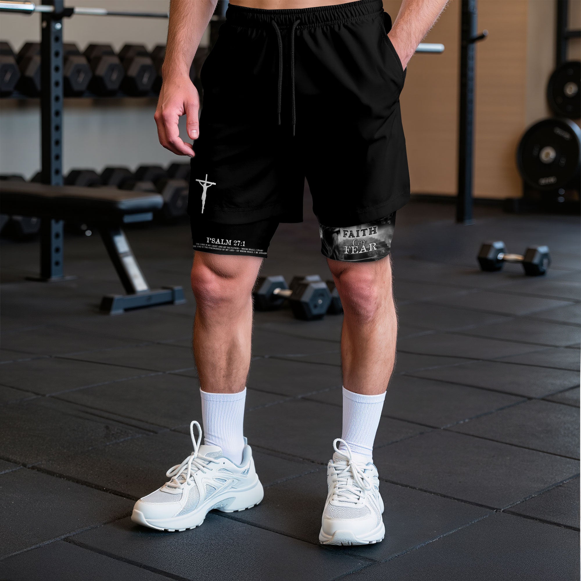 Faith Over Fear Psalm 27 1 Jesus Cross Lion Christian Gym Shorts