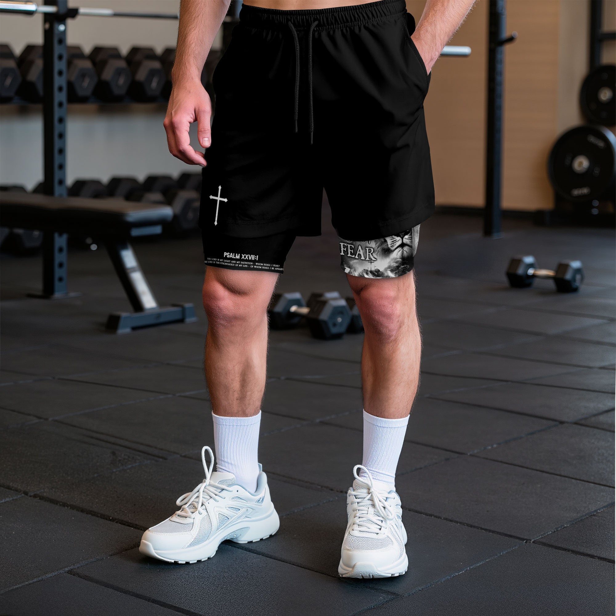 Psalm 27 1 Faith Over Fear Christian Gym Shorts for Men Warrior Cross Design